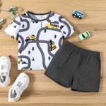 2-piece Toddler Boy Road Vehicle Print Short-sleeve Tee and Elasticized Grey Shorts Set Flecked Grey
