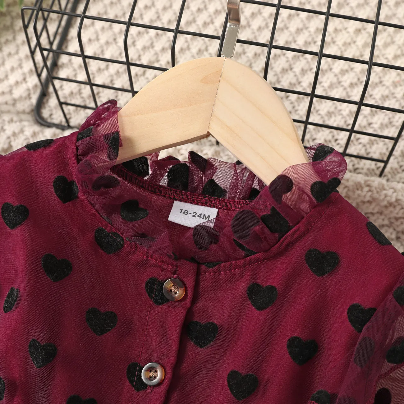 Toddler Girl Ruffle Collar Heart Pattern Button Design Mesh Long-sleeve Dress Burgundy big image 1