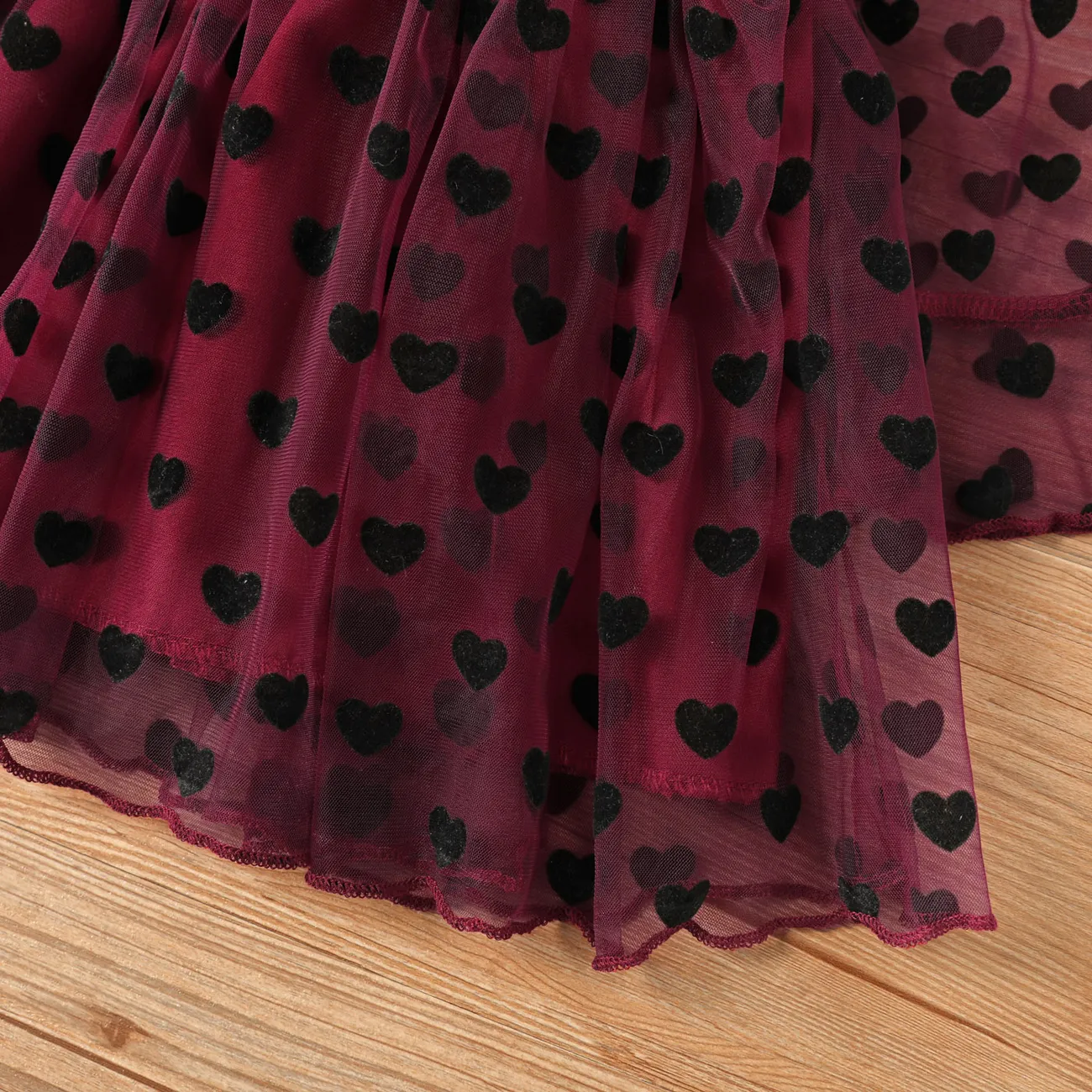 طفل فتاة صغيرة طوق كشكش نمط زر تصميم شبكة فستان طويل الأكمام عنابي اللون big image 1