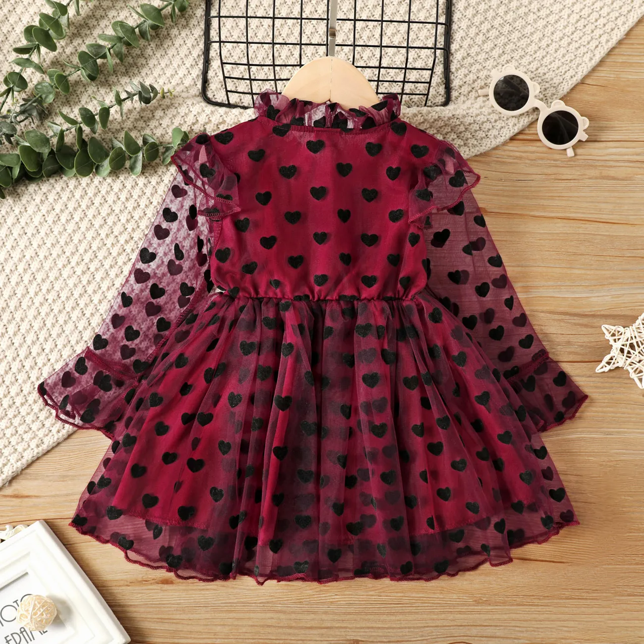 Toddler Girl Ruffle Collar Heart Pattern Button Design Mesh Long-sleeve Dress Burgundy big image 1