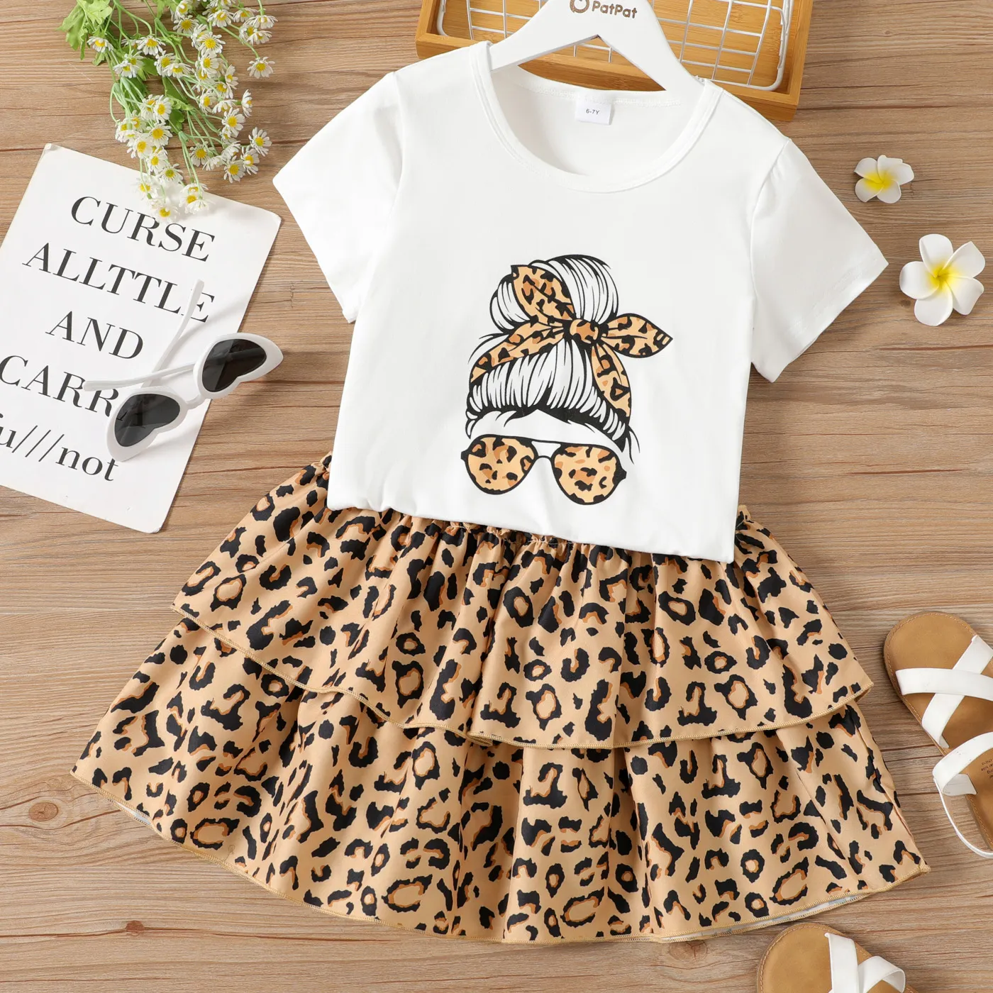 2-piece Kid Girl Cartoon Print White Tee and Leopard Print Layered Skirt Set  image 1