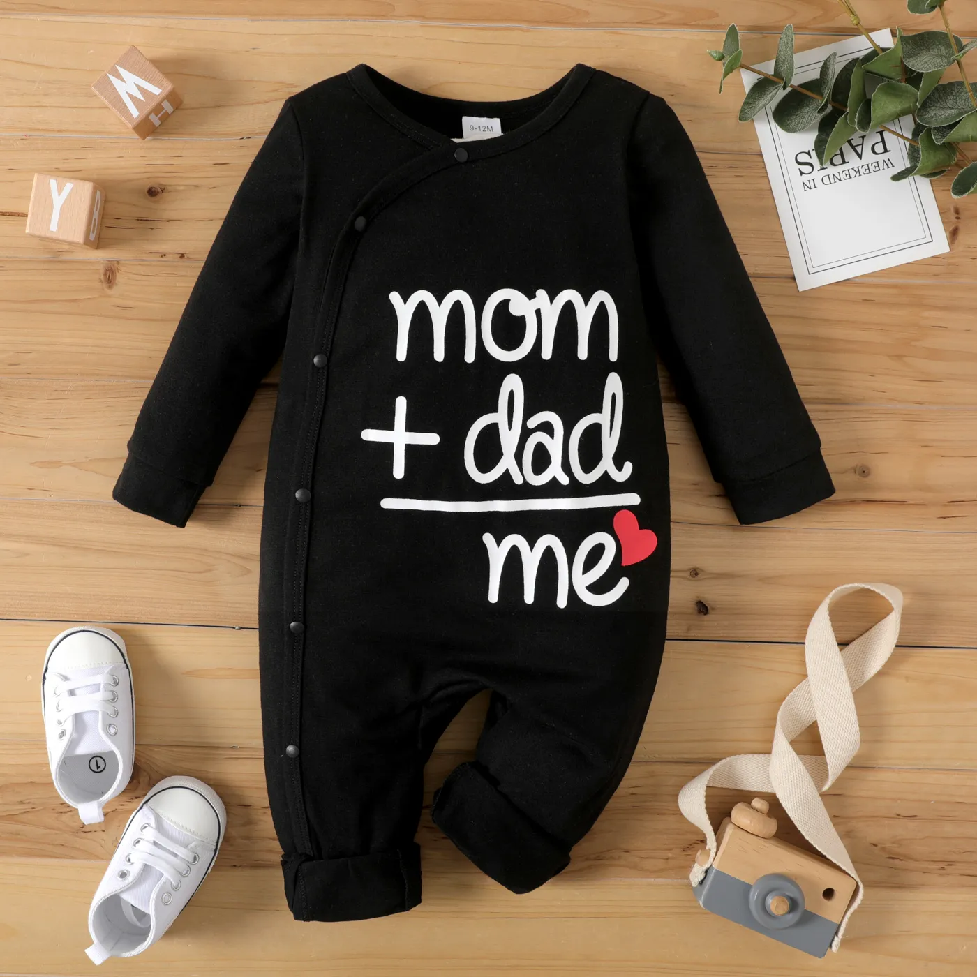 Baby Boy/Girl 95% Cotton Long-sleeve Love Heart and Letter Print Jumpsuit Black