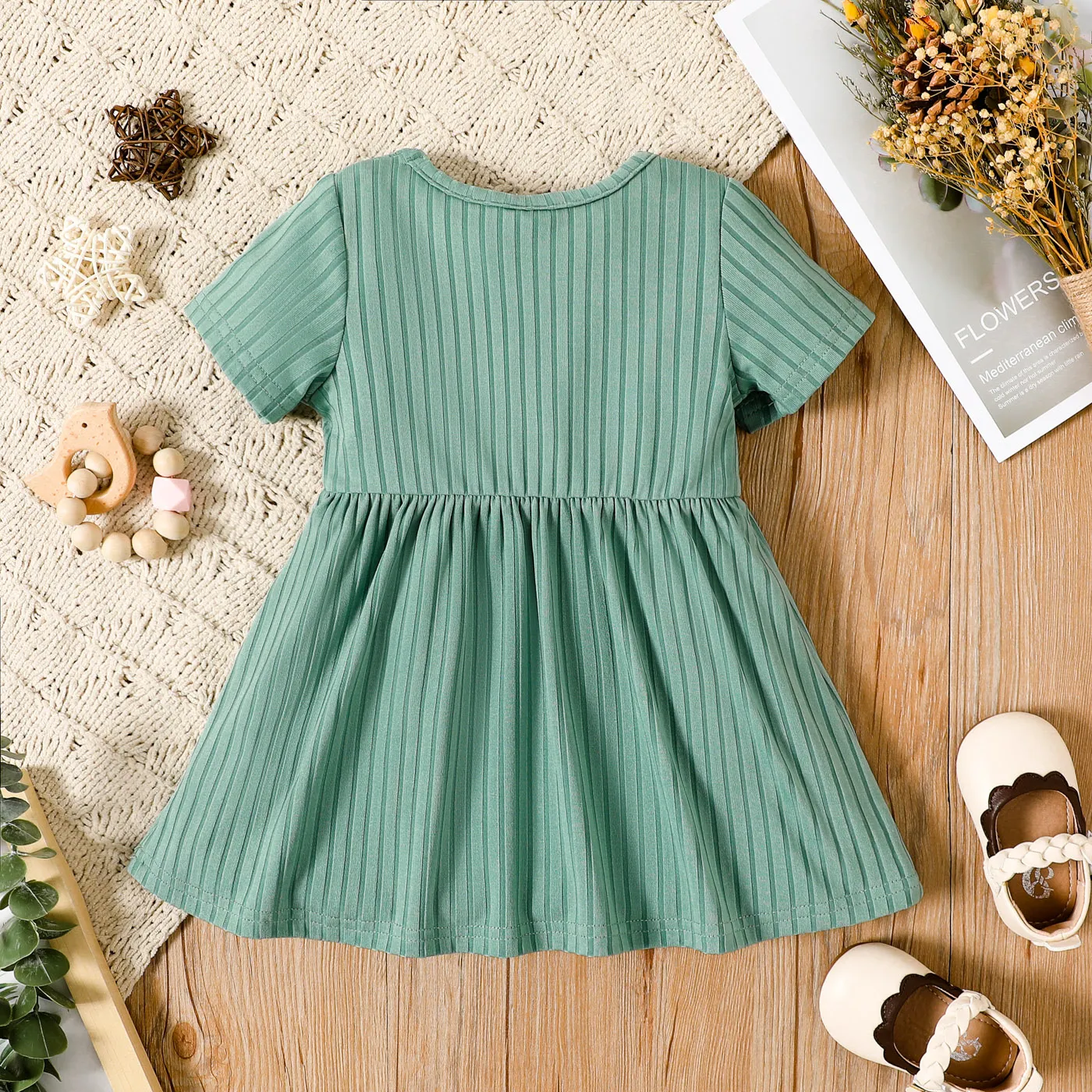Baby Girl All Over Rabbit Print/Solid Ribbed Short-sleeve Dress GrayGreen image 5