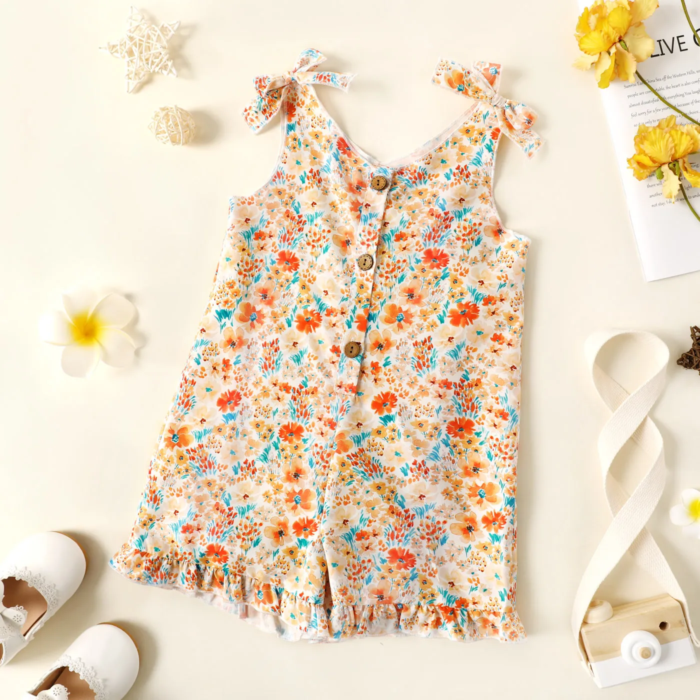 Toddler Girl Floral Print/Stripe/Orange Button Design Ruffled Cuff Bowknot Strap Romper Jumpsuit Shorts Multi-color