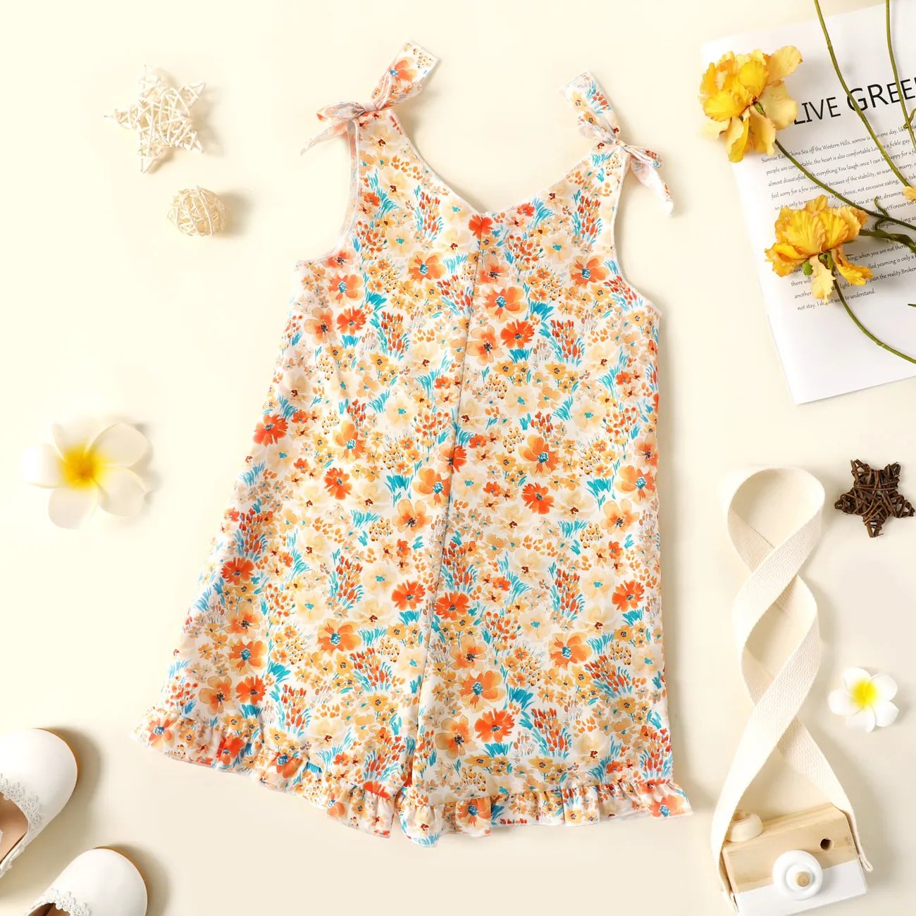 Toddler Girl Floral Print/Stripe/Orange Button Design Ruffled Cuff Bowknot Strap Romper Jumpsuit Shorts Multi-color big image 1