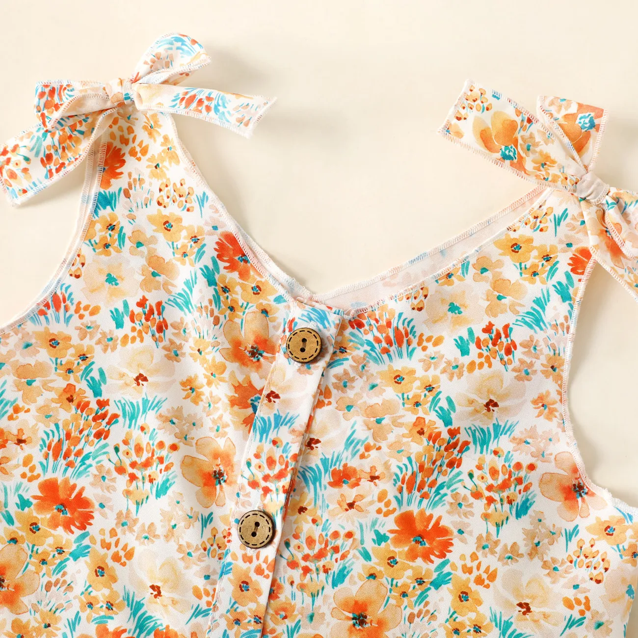 Toddler Girl Floral Print/Stripe/Orange Button Design Ruffled Cuff Bowknot Strap Romper Jumpsuit Shorts Multi-color big image 1