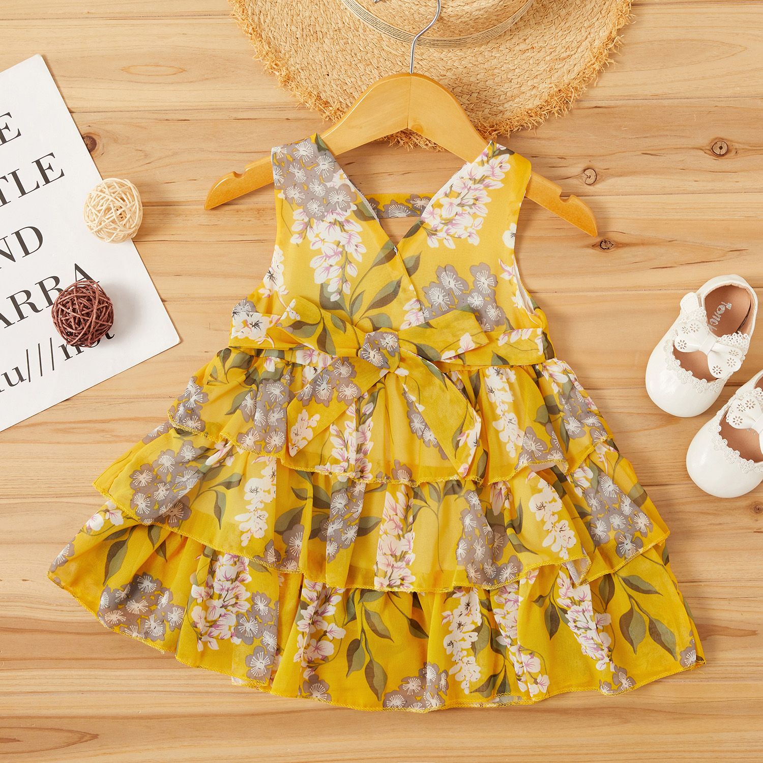 Toddler Girl Pretty Floral Print Multi-Layered Dress/ Sandals