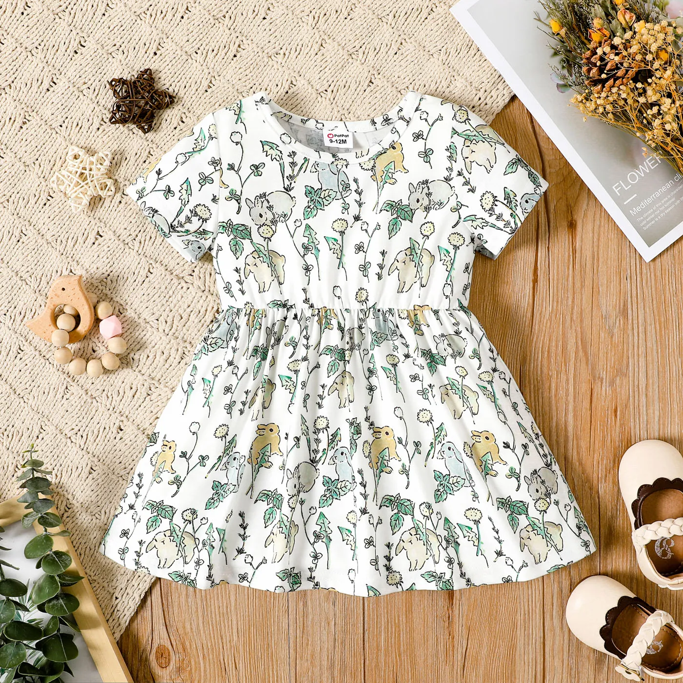 Baby Girl All Over Rabbit Print/Solid Ribbed Short-sleeve Dress Color block