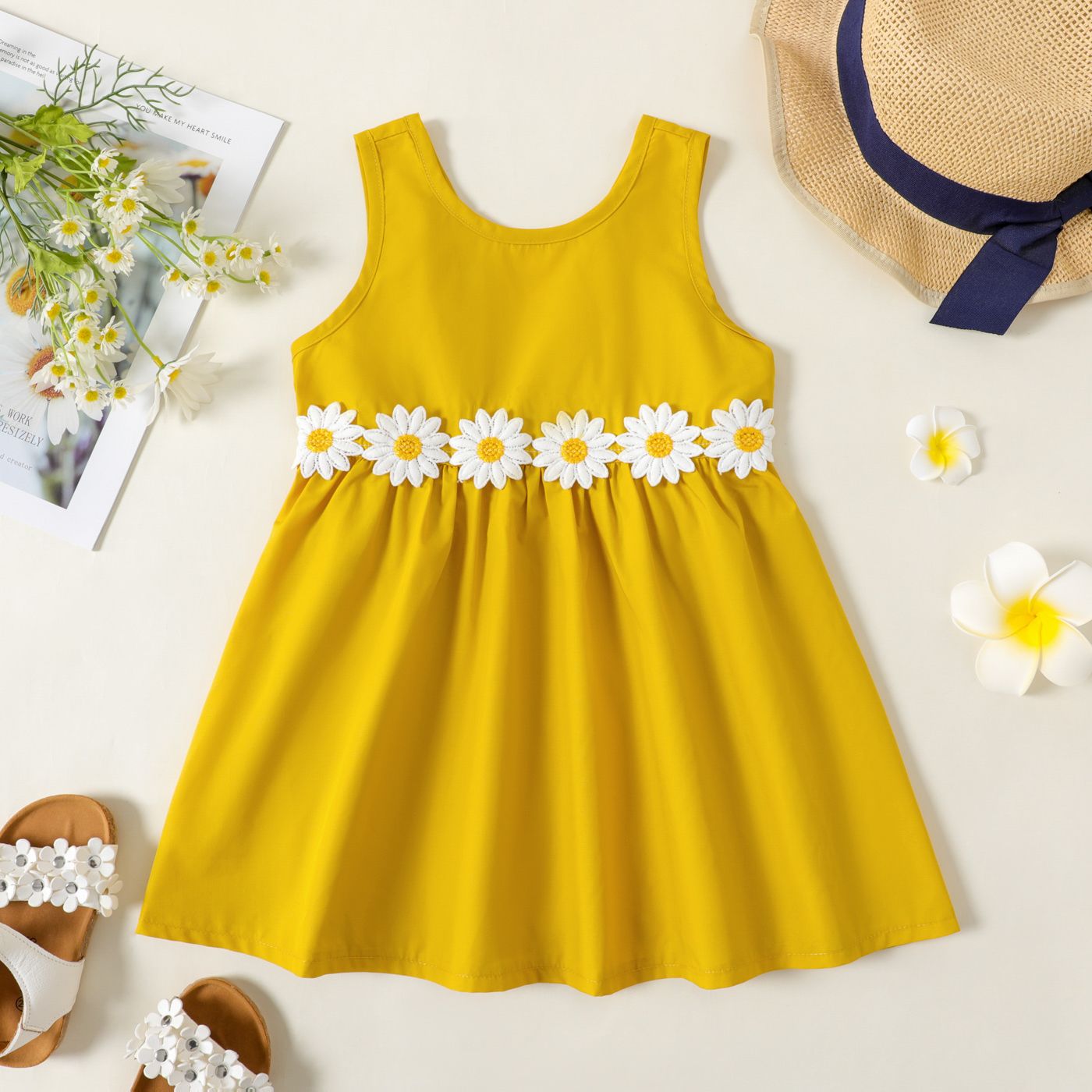 Toddler Girl 3D Floral Design Back V Neck Solid Color Sleeveless Dress