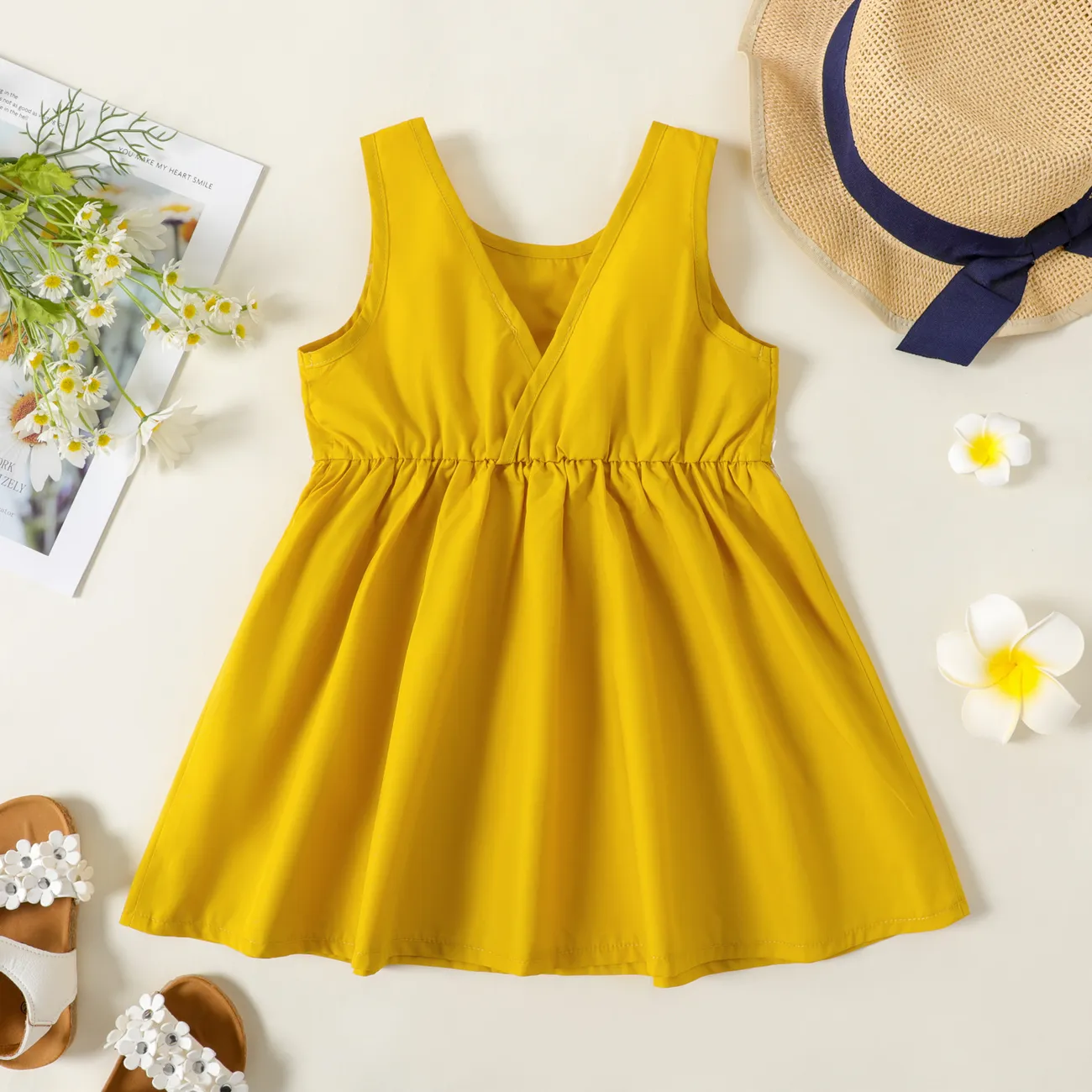 طفلة صغيرة ثلاثية الأبعاد تصميم الأزهار الظهر الخامس الرقبة بلون بلا أكمام فستان الأصفر big image 1