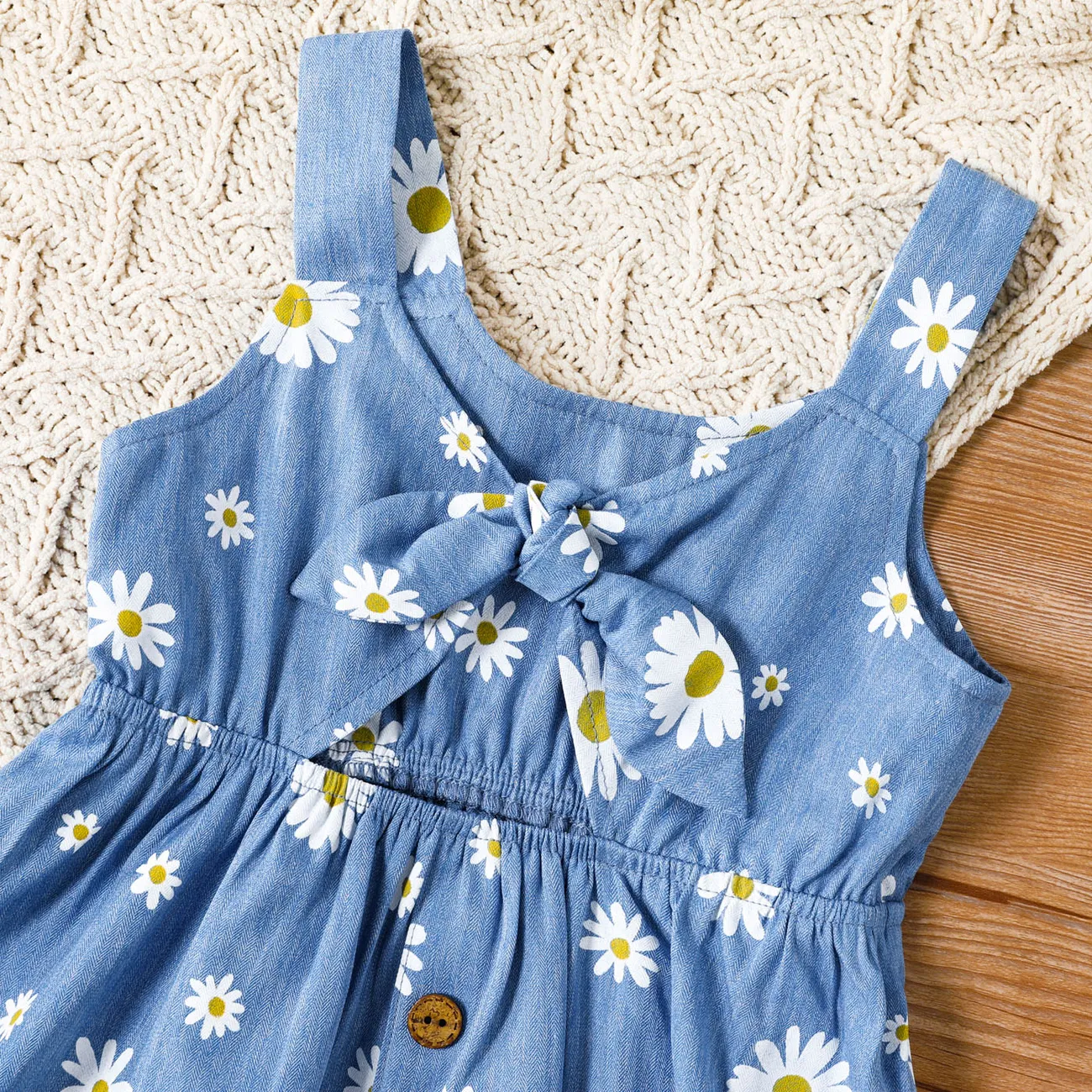 طفل فتاة الأزهار طباعة bowknot تصميم الجوف خارج فستان حزام الدنيم أزرق big image 1
