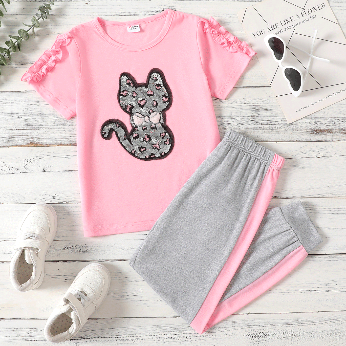 2-piece Kid Girl Flip Sequin Cat Pattern Ruffled Short-sleeve Pink Tee and Colorblock Elasticized Pants Set