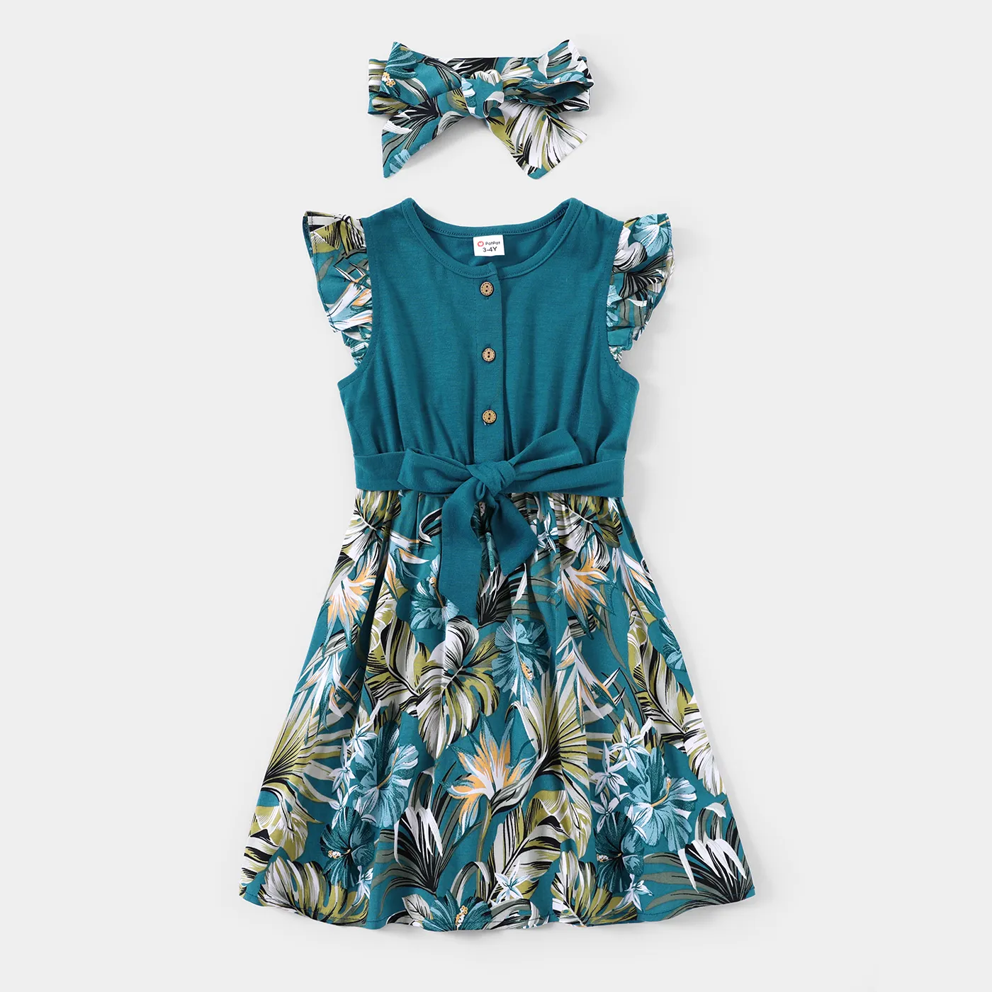 Family Matching All Over Floral Print Blue V Neck Ruffle Dresses and Short-sleeve Splicing T-shirts 