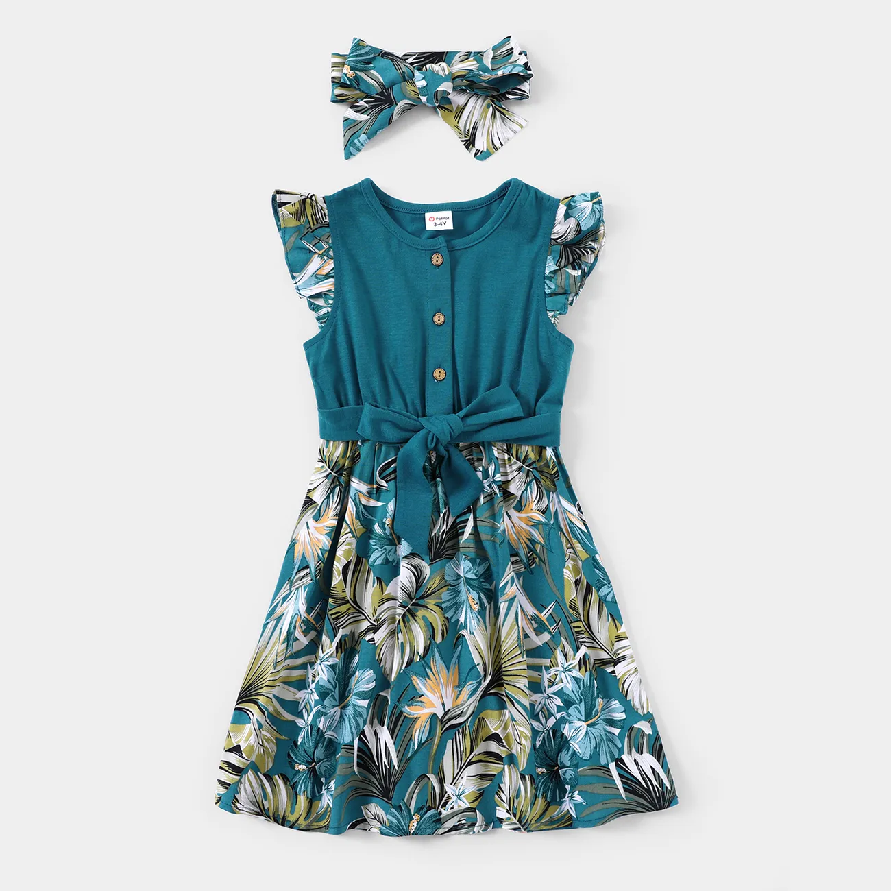 Family Matching All Over Floral Print Blue V Neck Ruffle Dresses and Short-sleeve Splicing T-shirts Sets BLUEWHITE big image 1