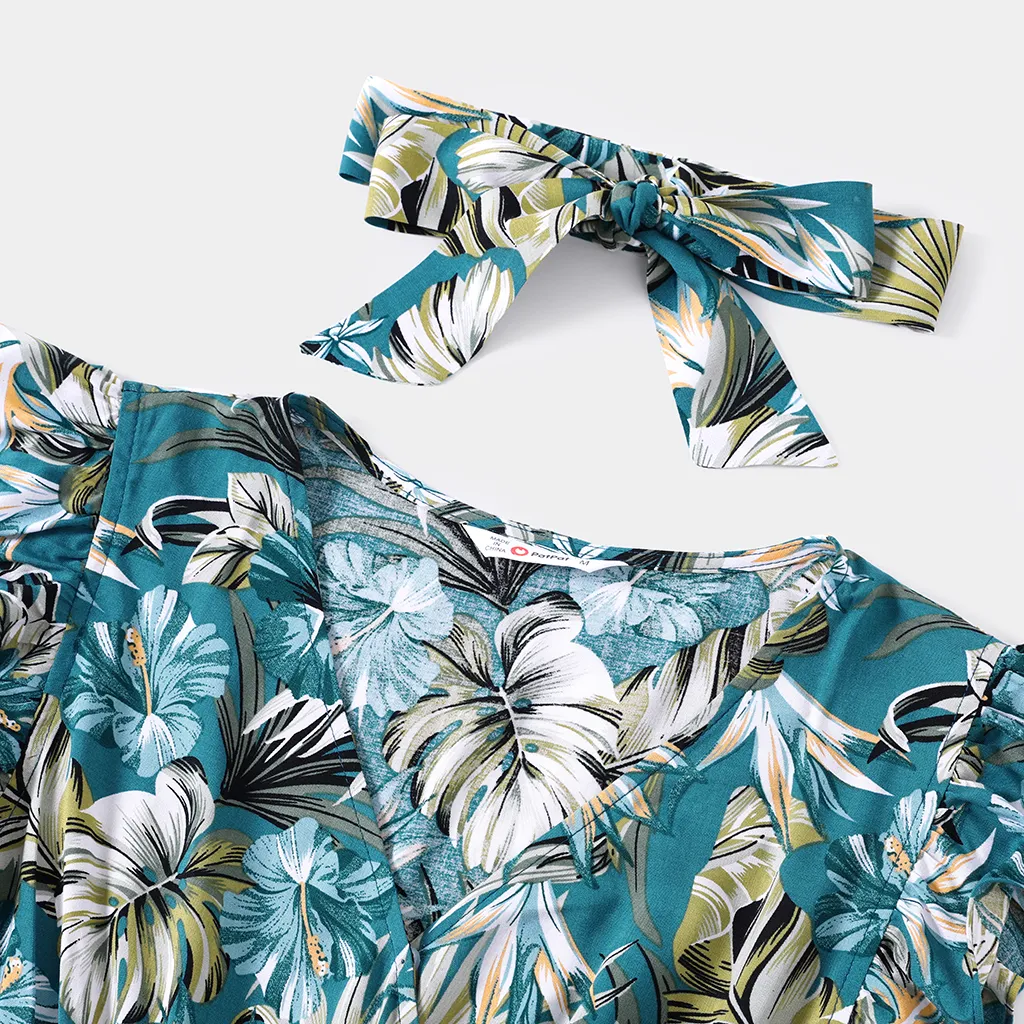 Family Matching All Over Floral Print Blue V Neck Ruffle Dresses and Short-sleeve Splicing T-shirts Sets  big image 14