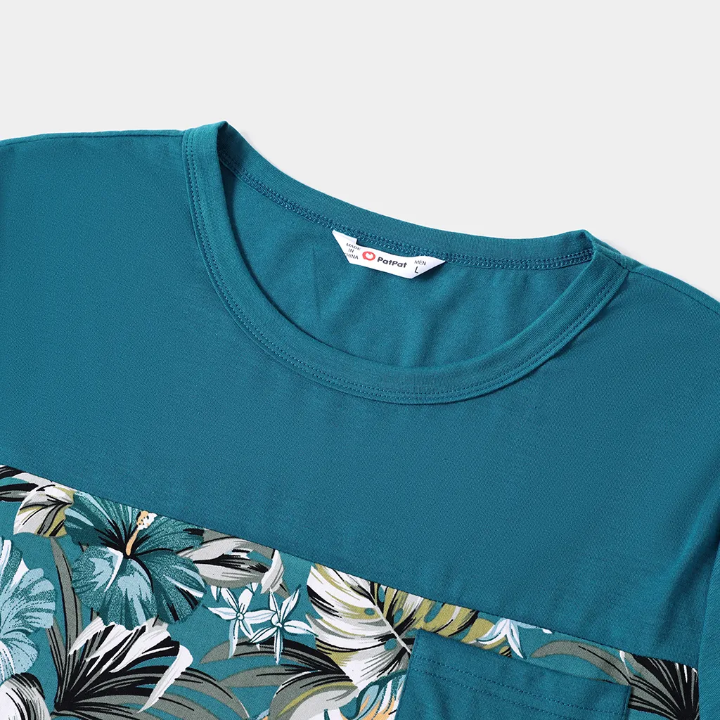 Family Matching All Over Floral Print Blue V Neck Ruffle Dresses and Short-sleeve Splicing T-shirts Sets  big image 11