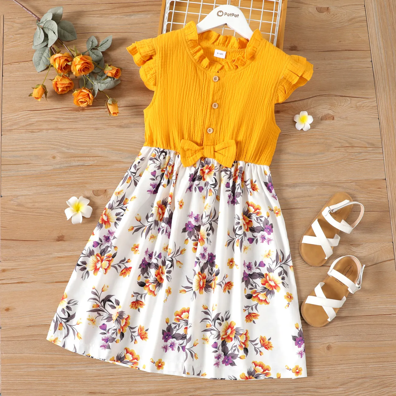 Kid Girl Ruffle Collar Floral Print Button Design Flutter-sleeve Dress  big image 1
