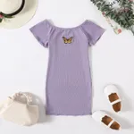 Kid Girl Butterfly Print Round-collar Solid Color Lettuce Trim Short-sleeve Dress Light Purple