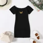 Kid Girl Butterfly Print Round-collar Solid Color Lettuce Trim Short-sleeve Dress Black