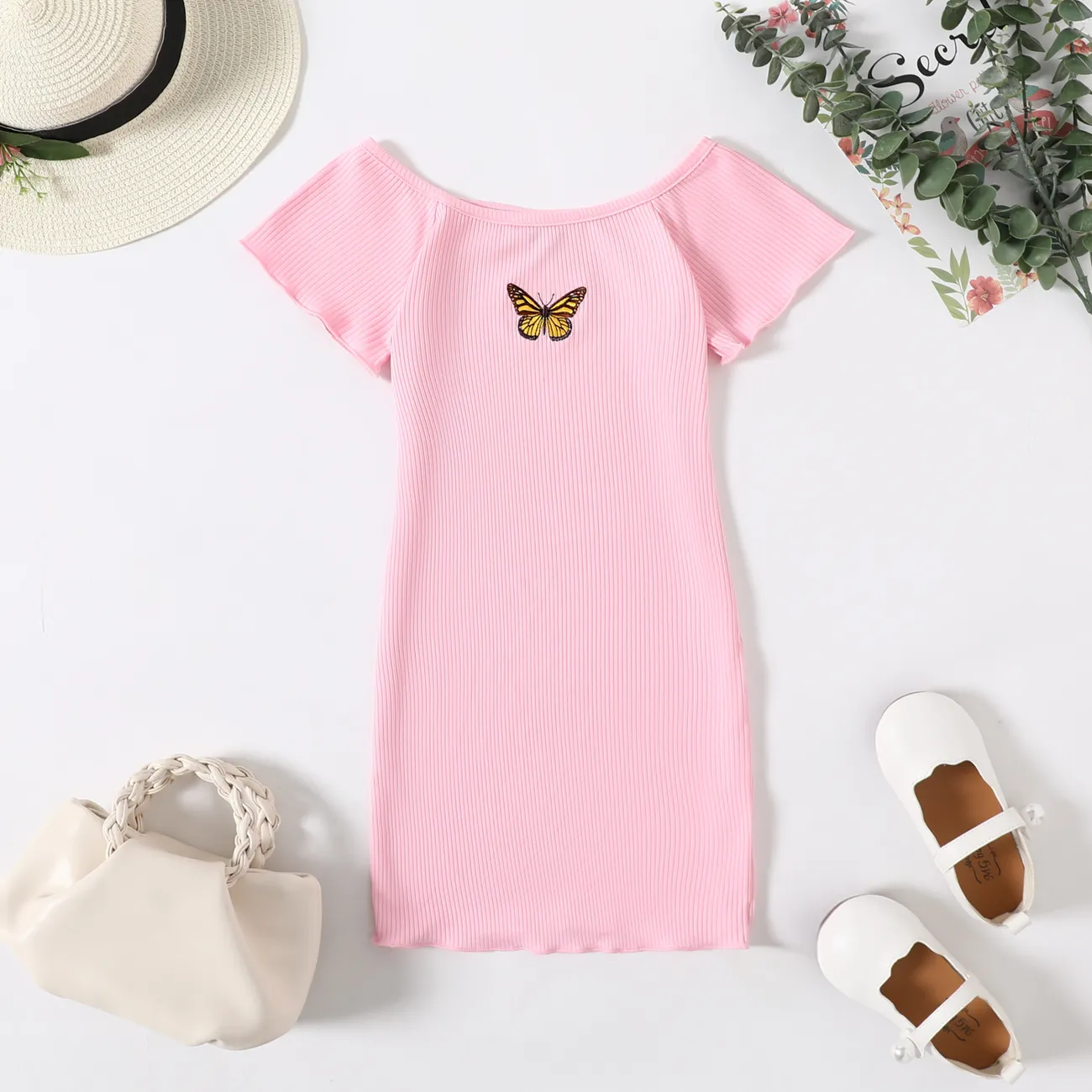Kid Girl Butterfly Print Round-collar Solid Color Lettuce Trim Short-sleeve Dress Pink big image 1