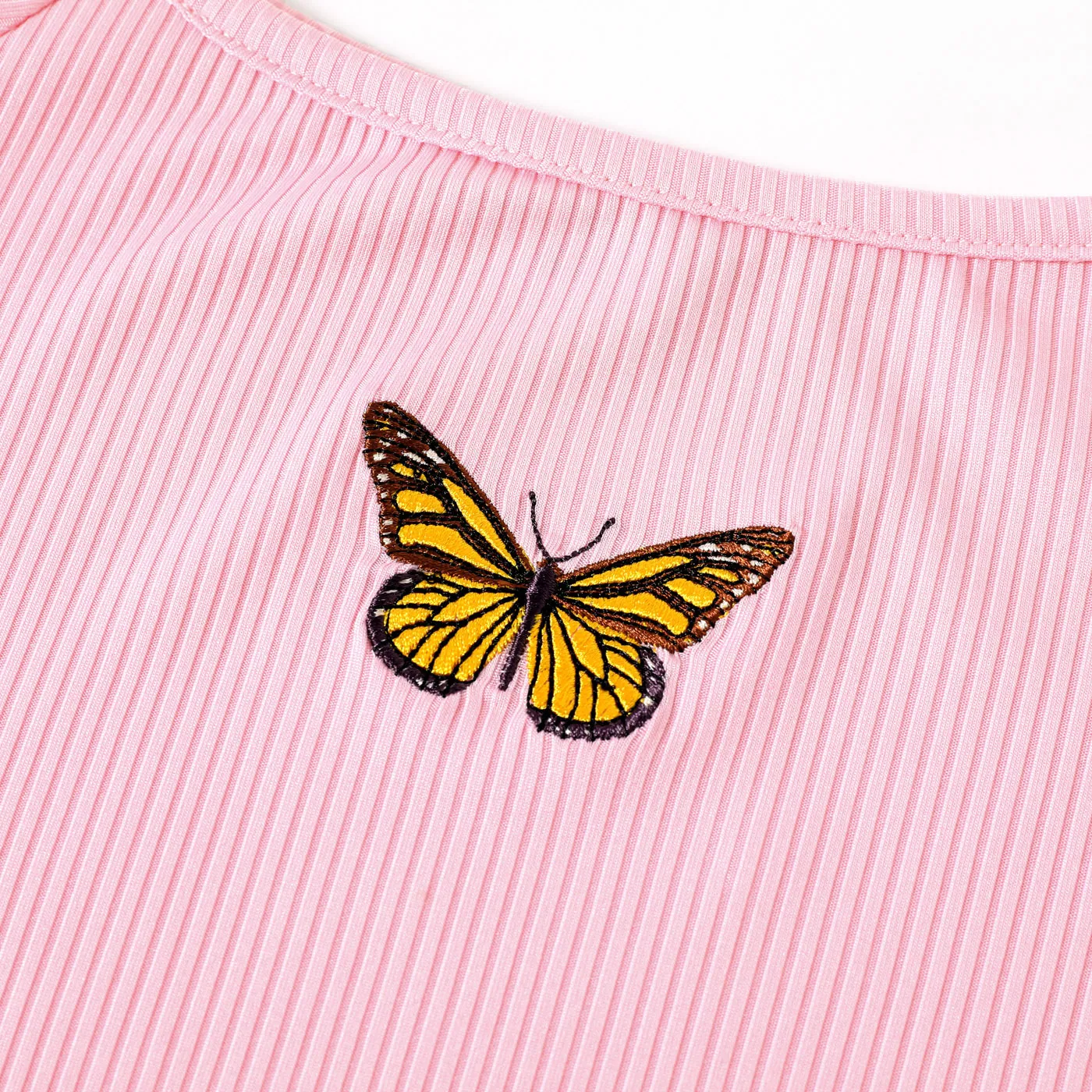Kid Girl Butterfly Print Round-collar Solid Color Lettuce Trim Short-sleeve Dress Pink image 5