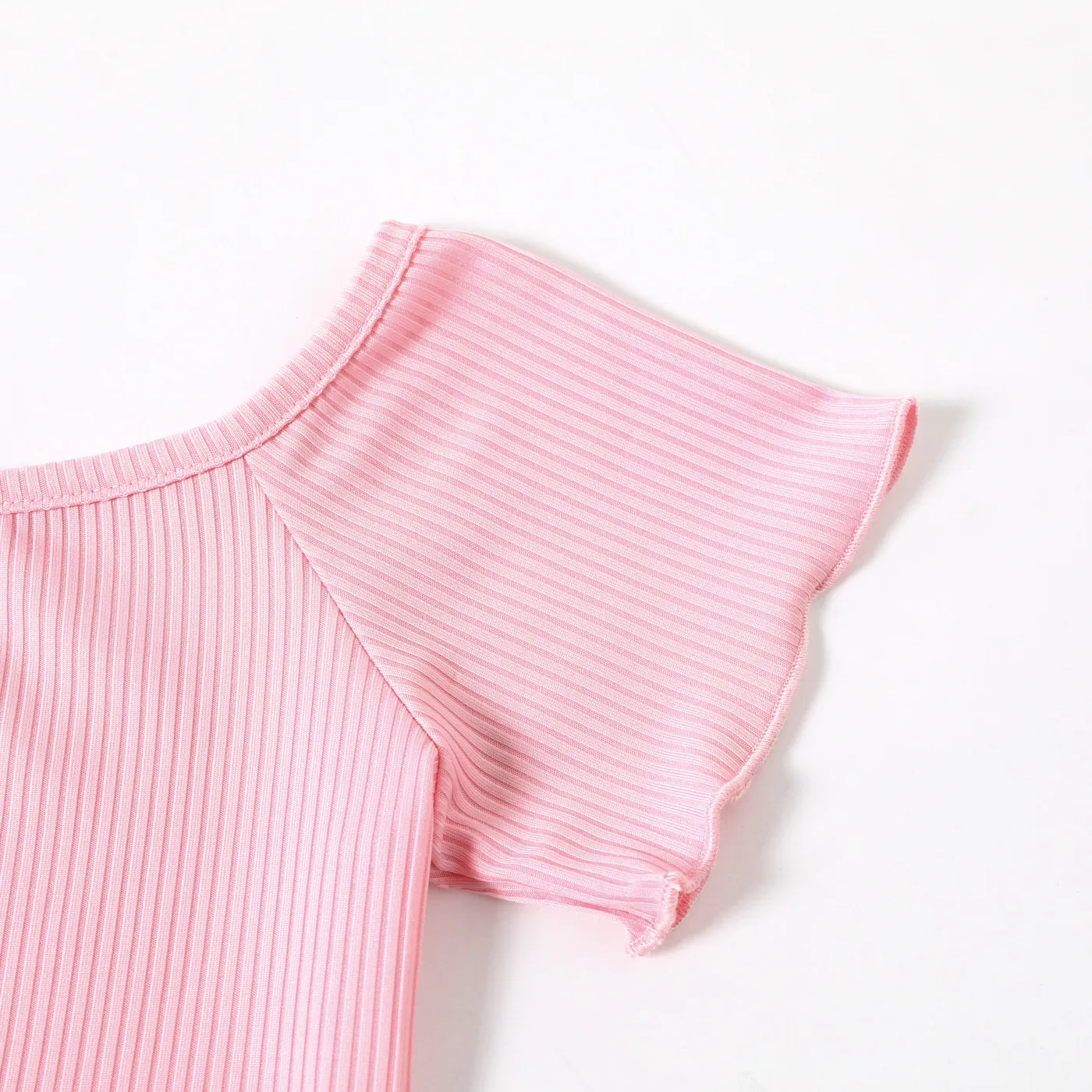 Kid Girl Butterfly Print Round-collar Solid Color Lettuce Trim Short-sleeve Dress Pink image 4
