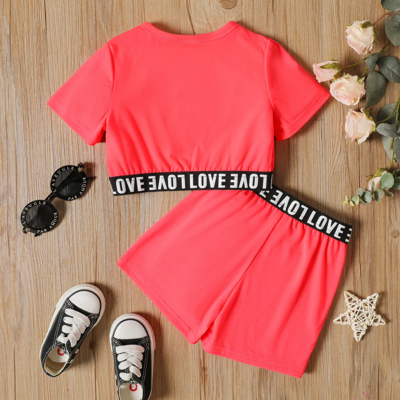 2-piece Toddler Girl Letter Print Crop Tee and Elasticized Shorts Set Pink image 2
