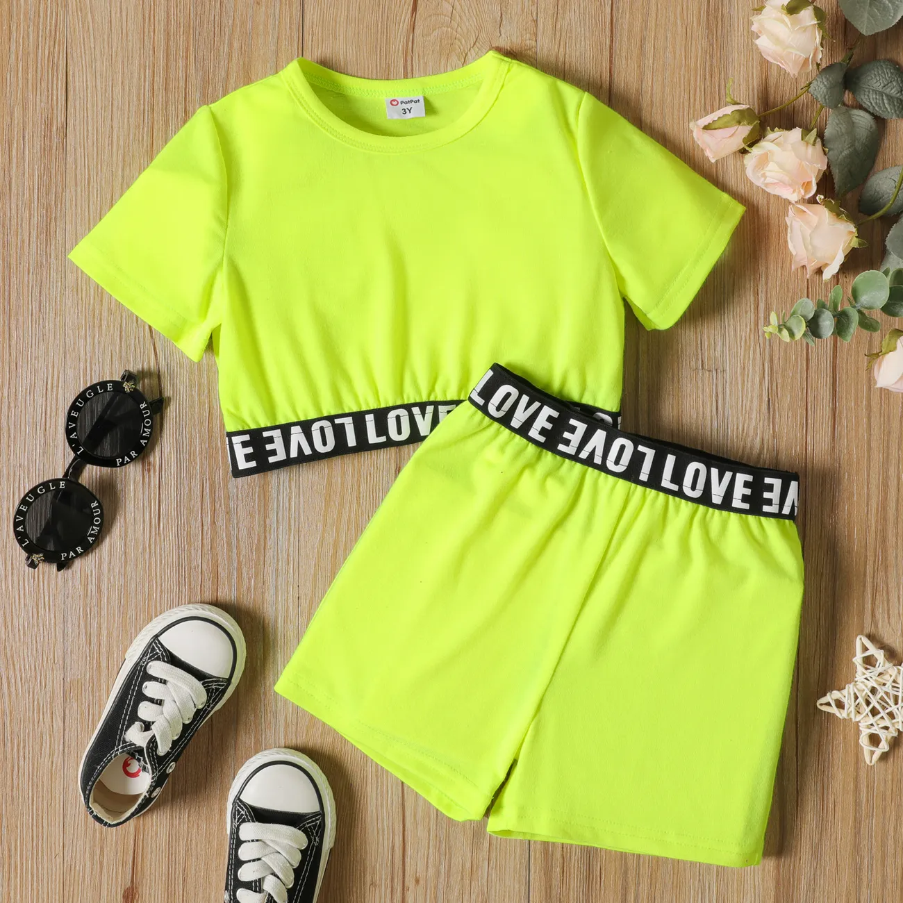 2-piece Toddler Girl Letter Print Crop Tee and Elasticized Shorts Set Green big image 1