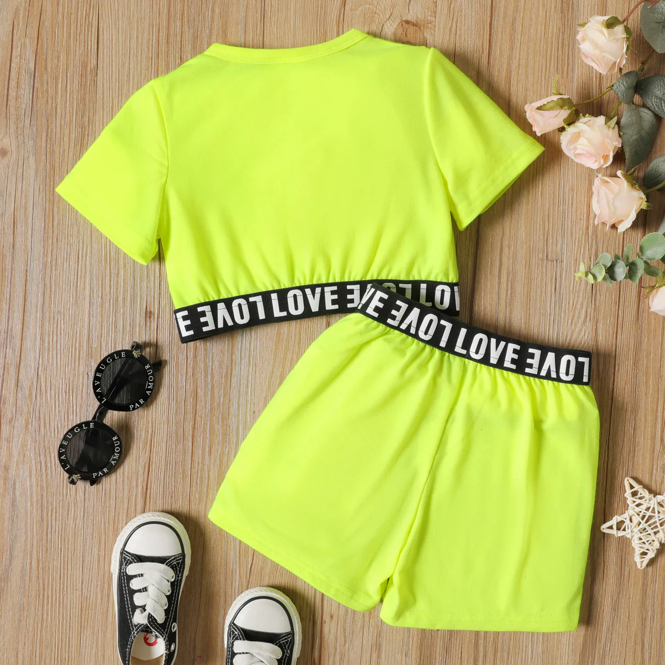 2-piece Toddler Girl Letter Print Crop Tee and Elasticized Shorts Set Green big image 1