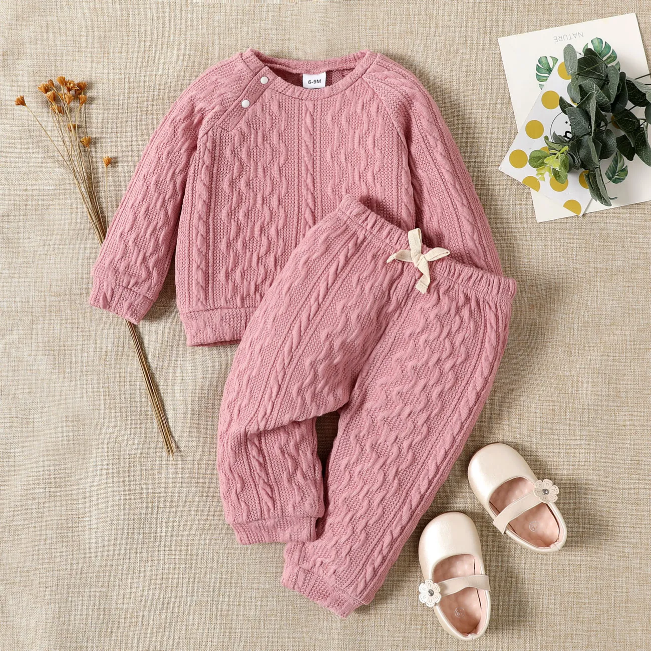 Baby Boy/Girl Solid Long-sleeve Top and Trousers Set Pink big image 1