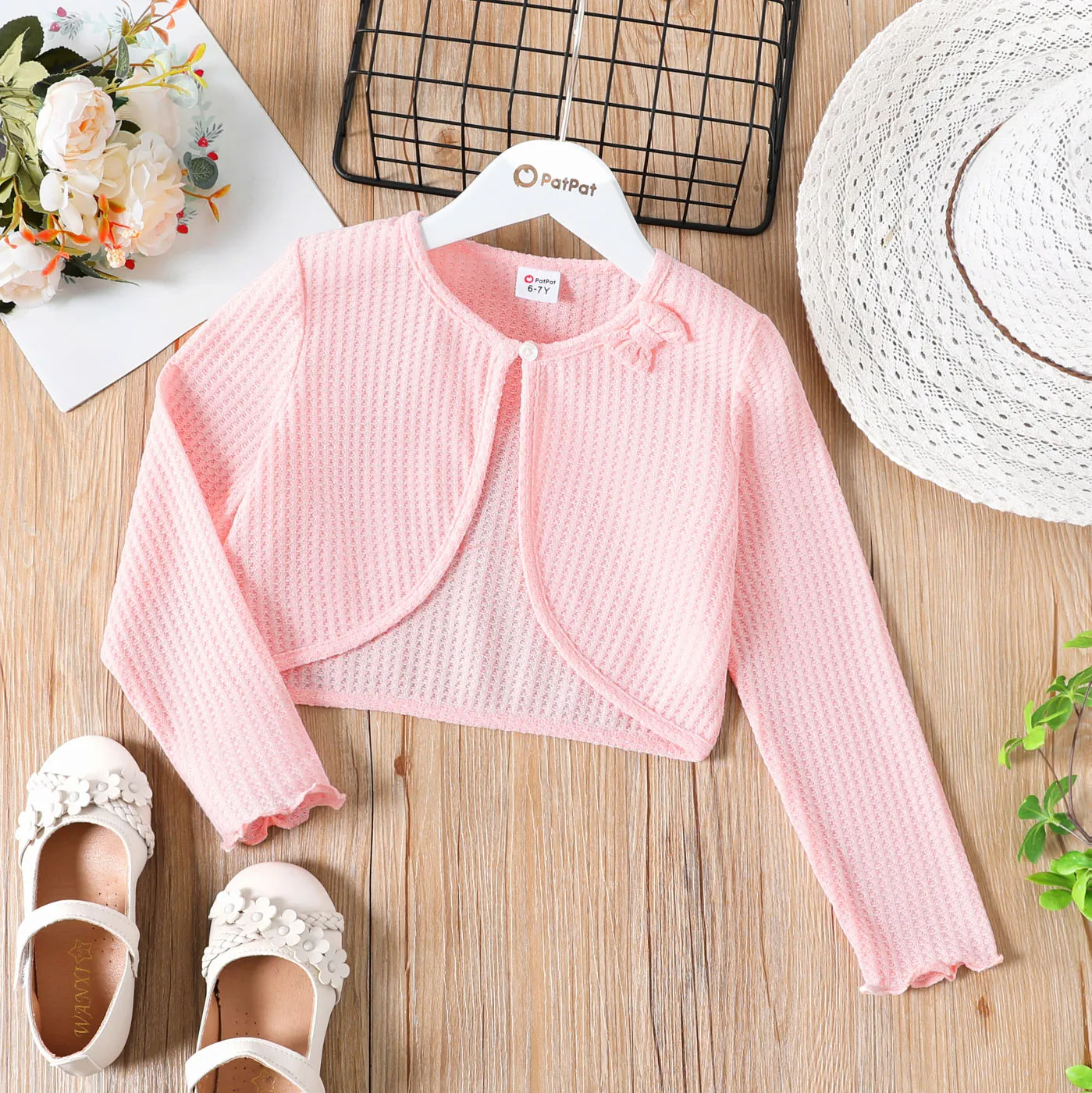 Kid Girl Bowknot Design Waffle Solid Color Cardigan Pink