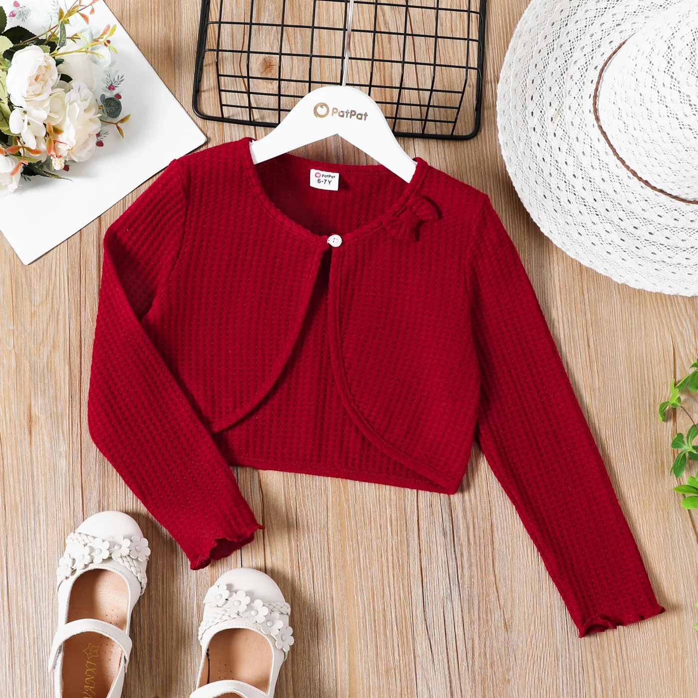 Kid Girl Bowknot Design Waffle Solid Color Cardigan Burgundy