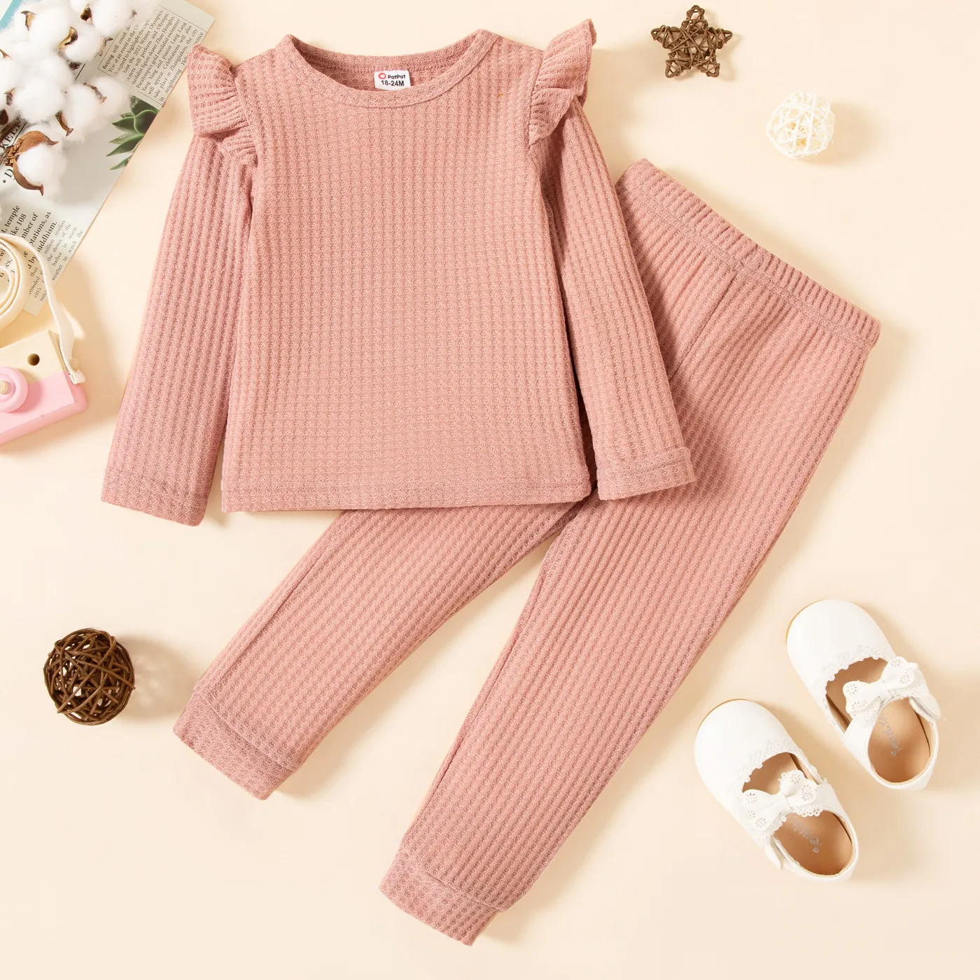 2-piece Toddler Girl Ruffled Textured Long-sleeve Top and Solid Color Pants Set Purple