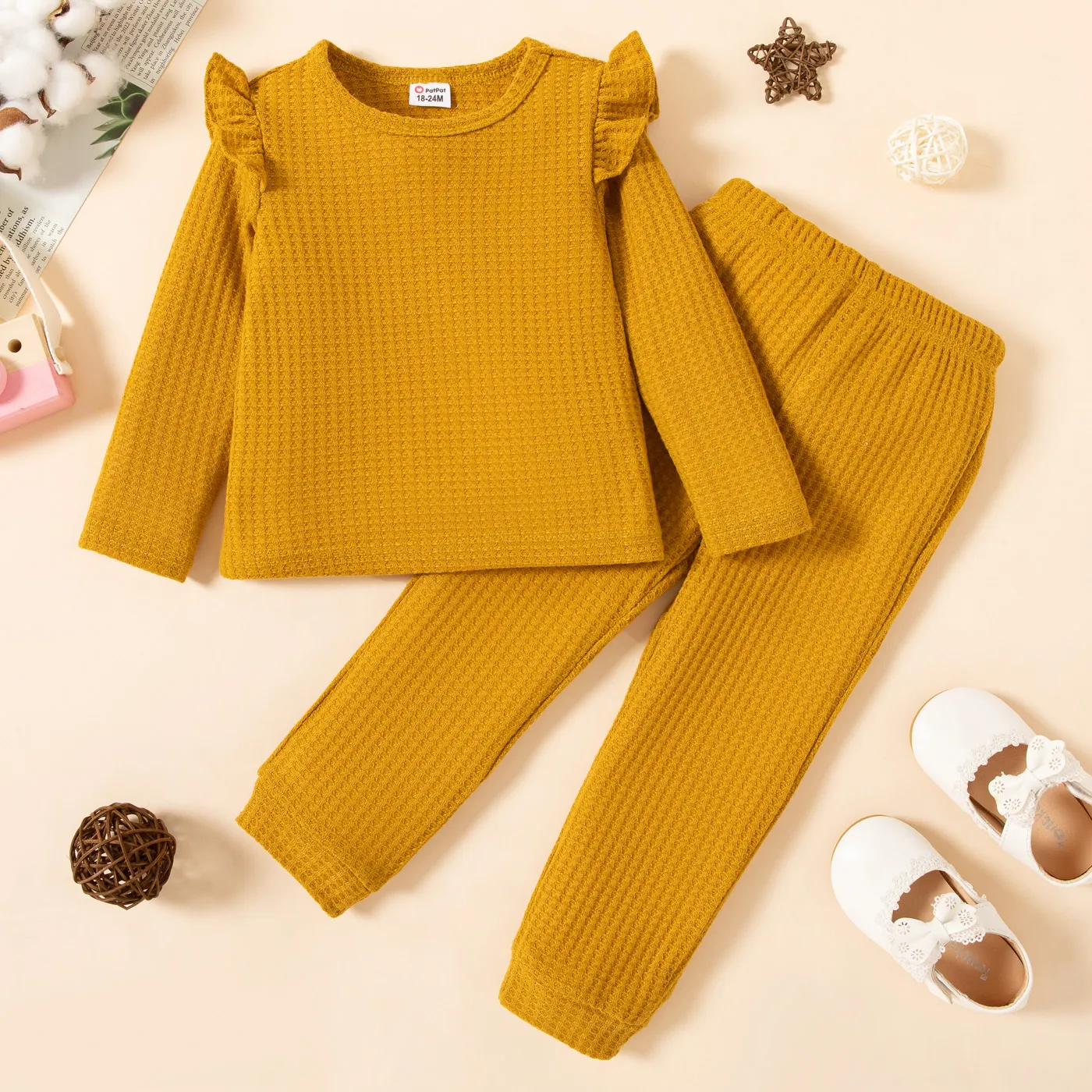 2-piece Toddler Girl Ruffled Textured Long-sleeve Top and Solid Color Pants Set Ginger