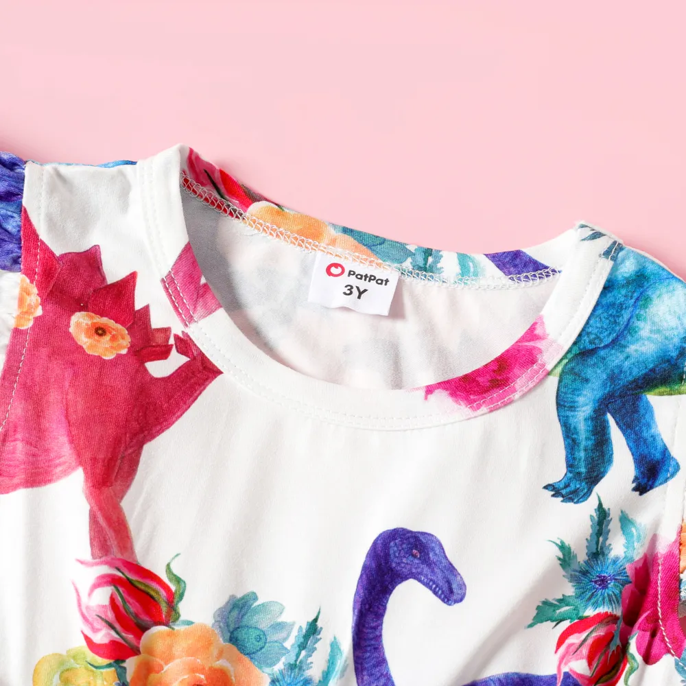 Toddler Girl Animal Dinosaur Floral Print Flutter-sleeve Dress big image 3