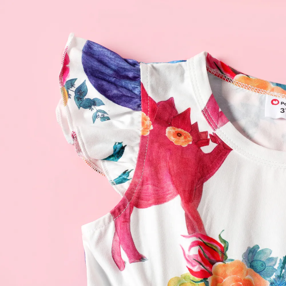 Toddler Girl Animal Dinosaur Floral Print Flutter-sleeve Dress big image 4