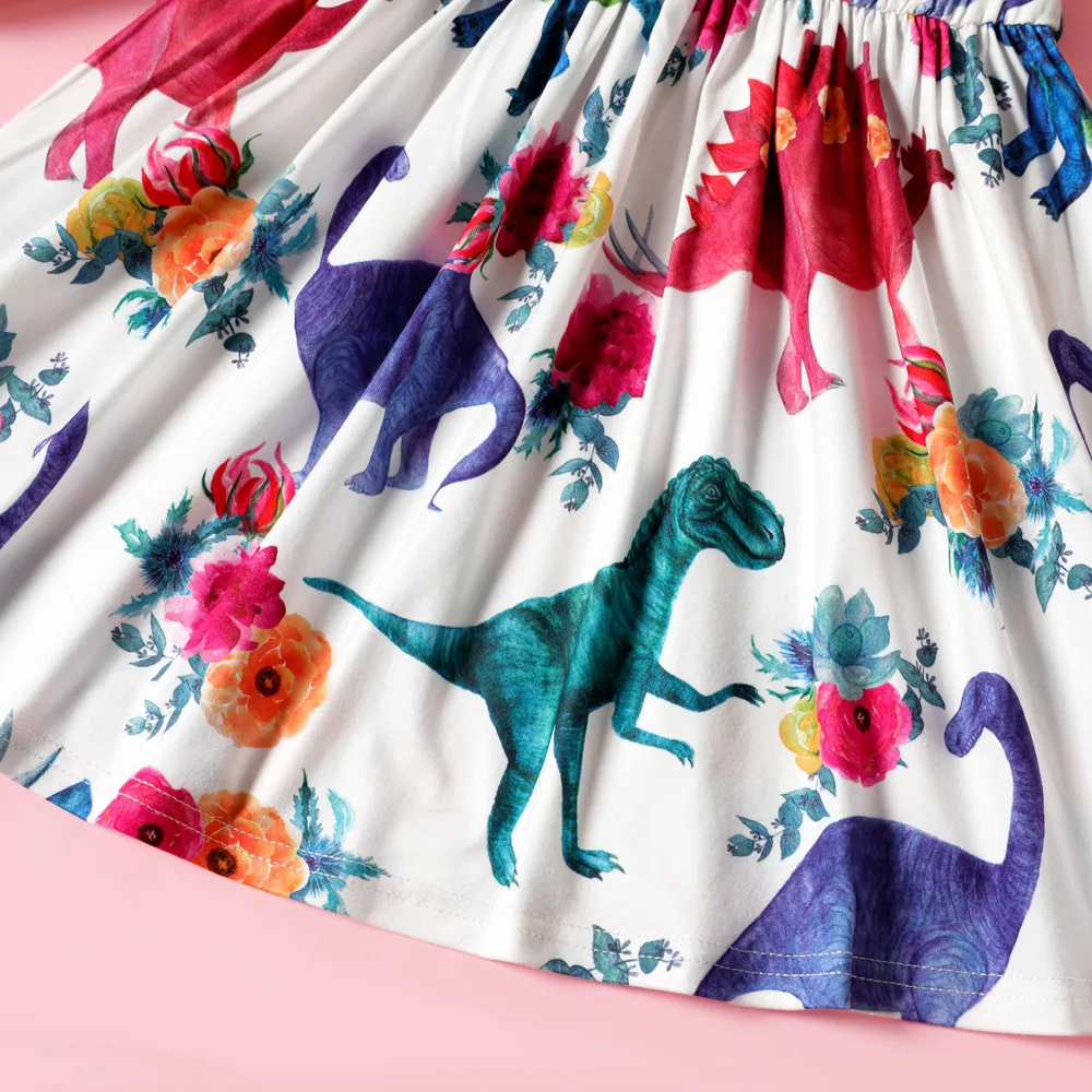 Toddler Girl Animal Dinosaur Floral Print Flutter-sleeve Dress big image 5