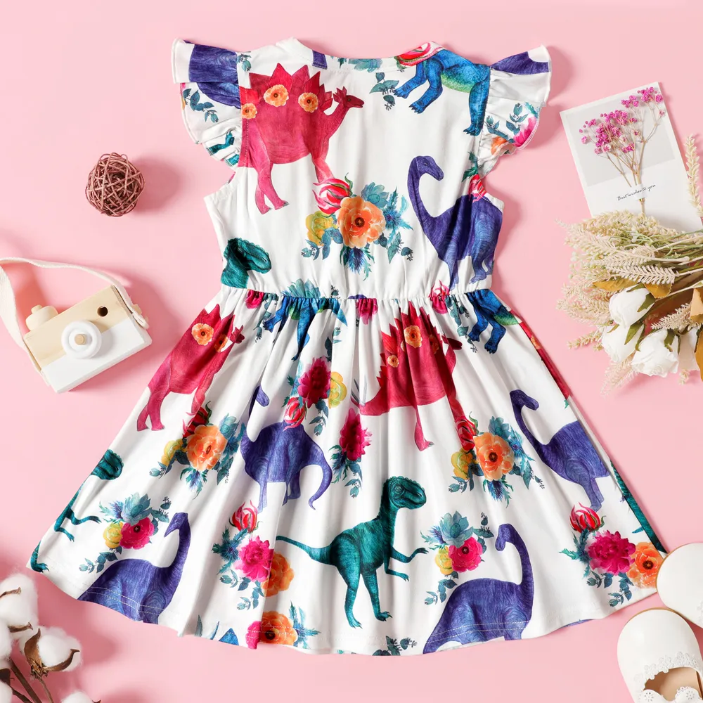 Toddler Girl Animal Dinosaur Floral Print Flutter-sleeve Dress big image 2