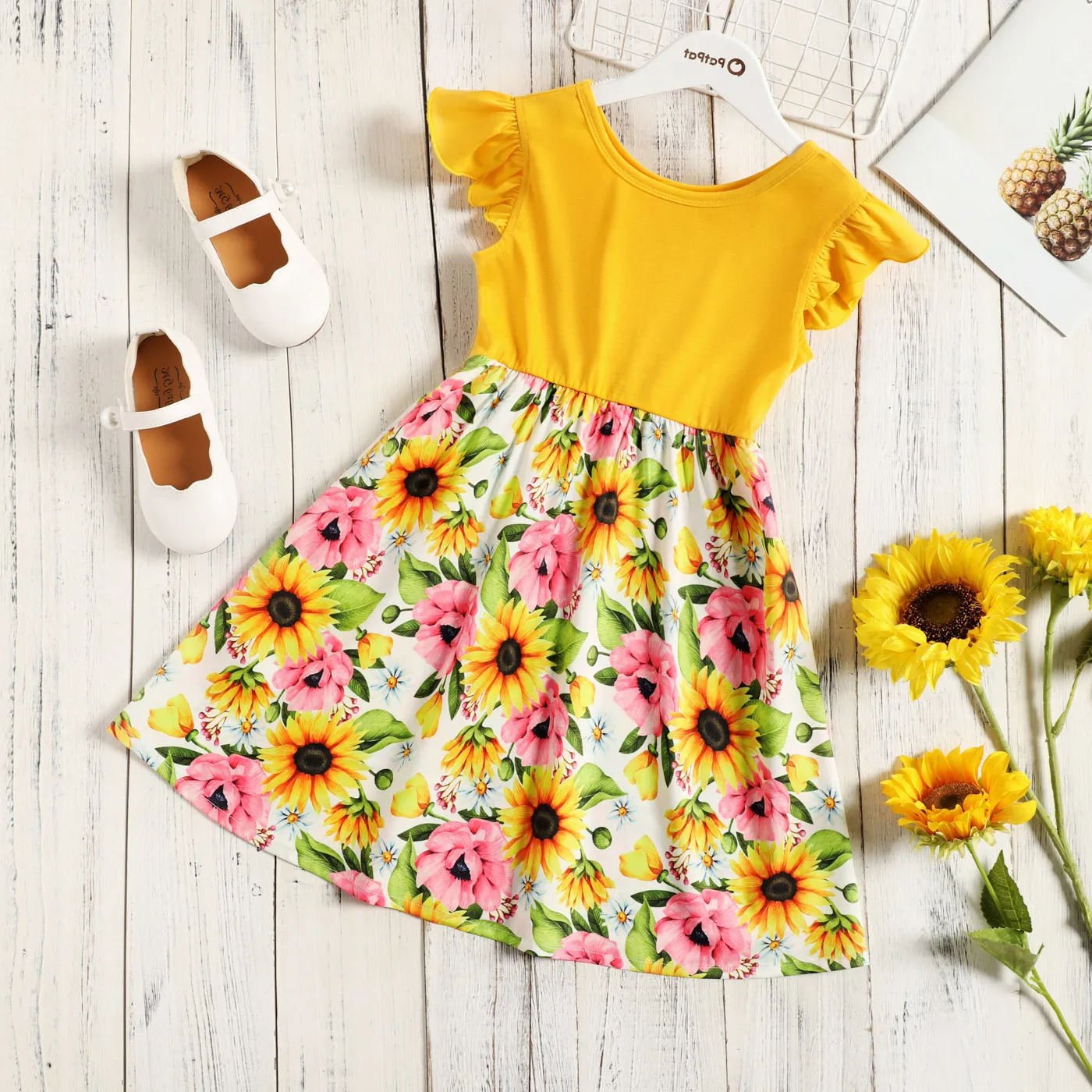 Kid Girl Floral Splice Dress with fly sleeve  big image 1
