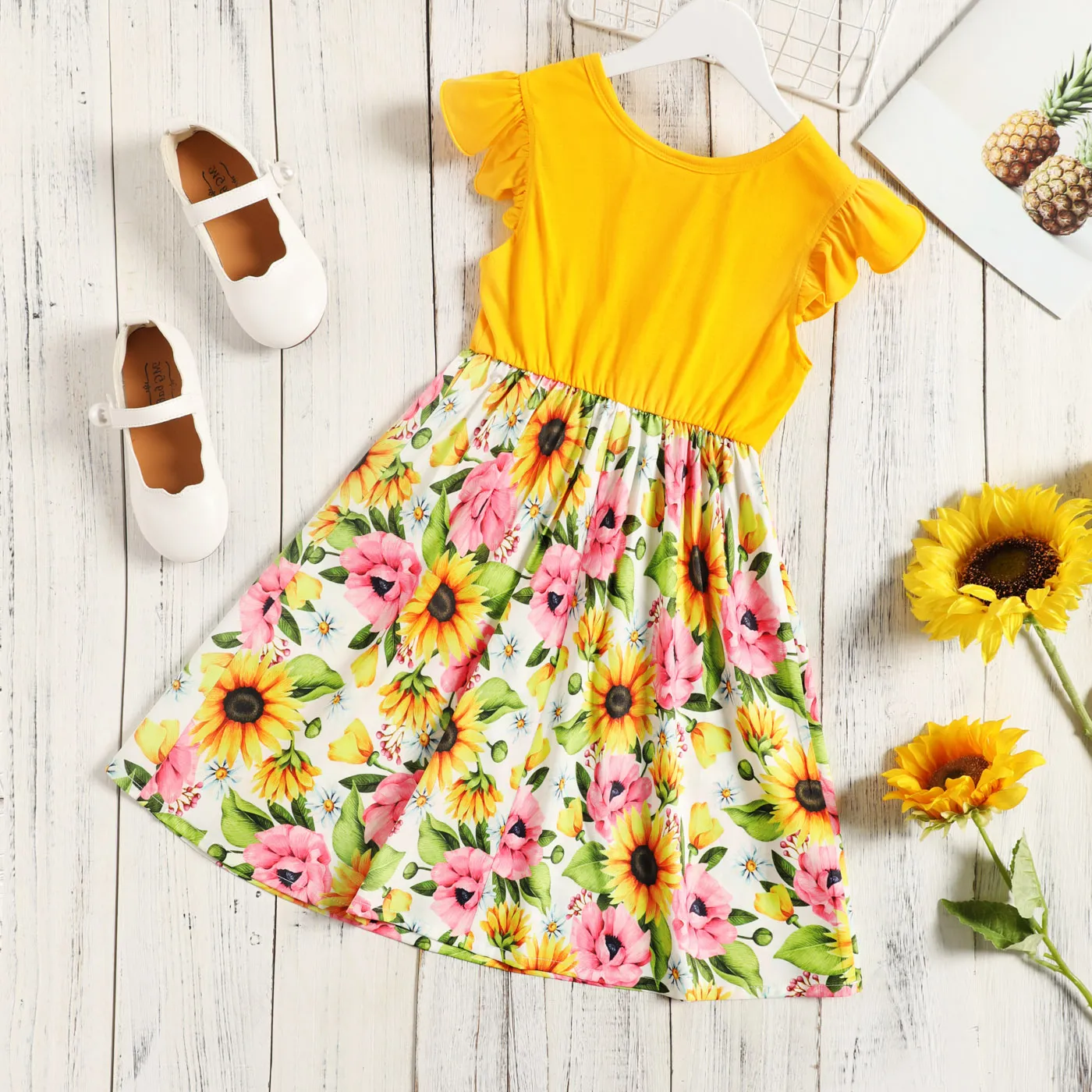 Kid Girl Floral Splice Dress with fly sleeve  image 2