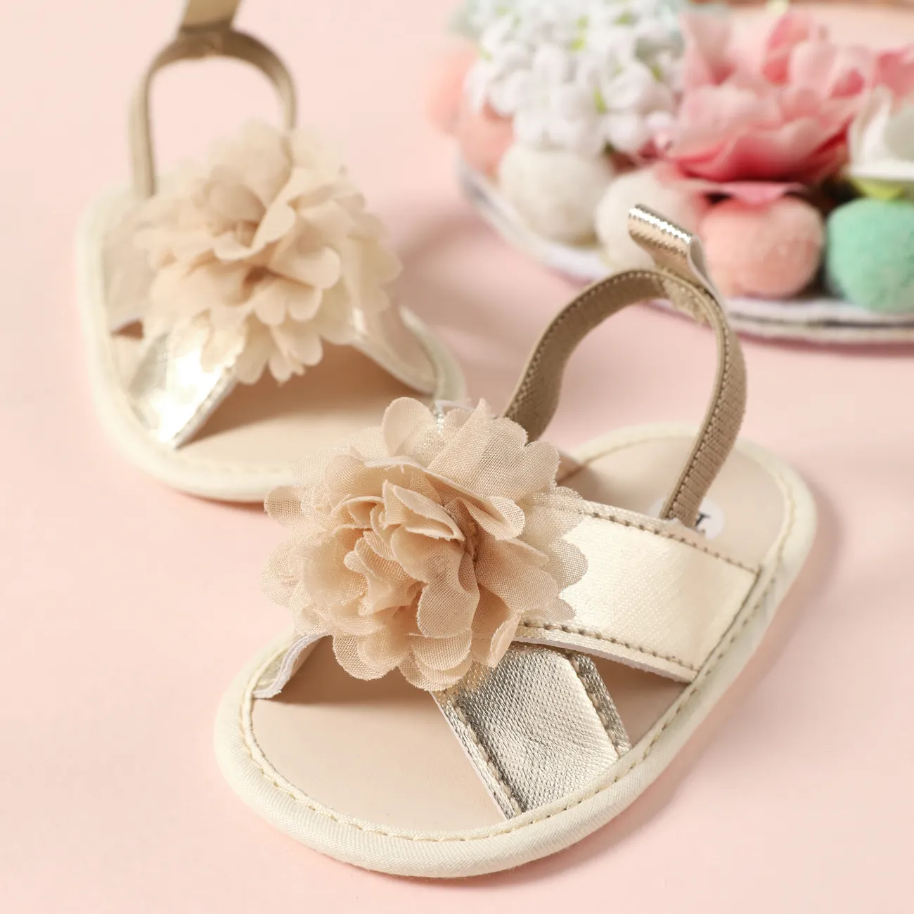Baby / Toddler Floral Decor Open Toe Slingback Sandals Prewalker Shoes Gold big image 1