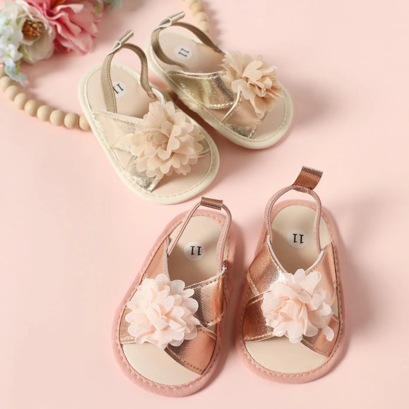 Baby / Toddler Floral Decor Open Toe Slingback Sandals Prewalker Shoes Gold image 2