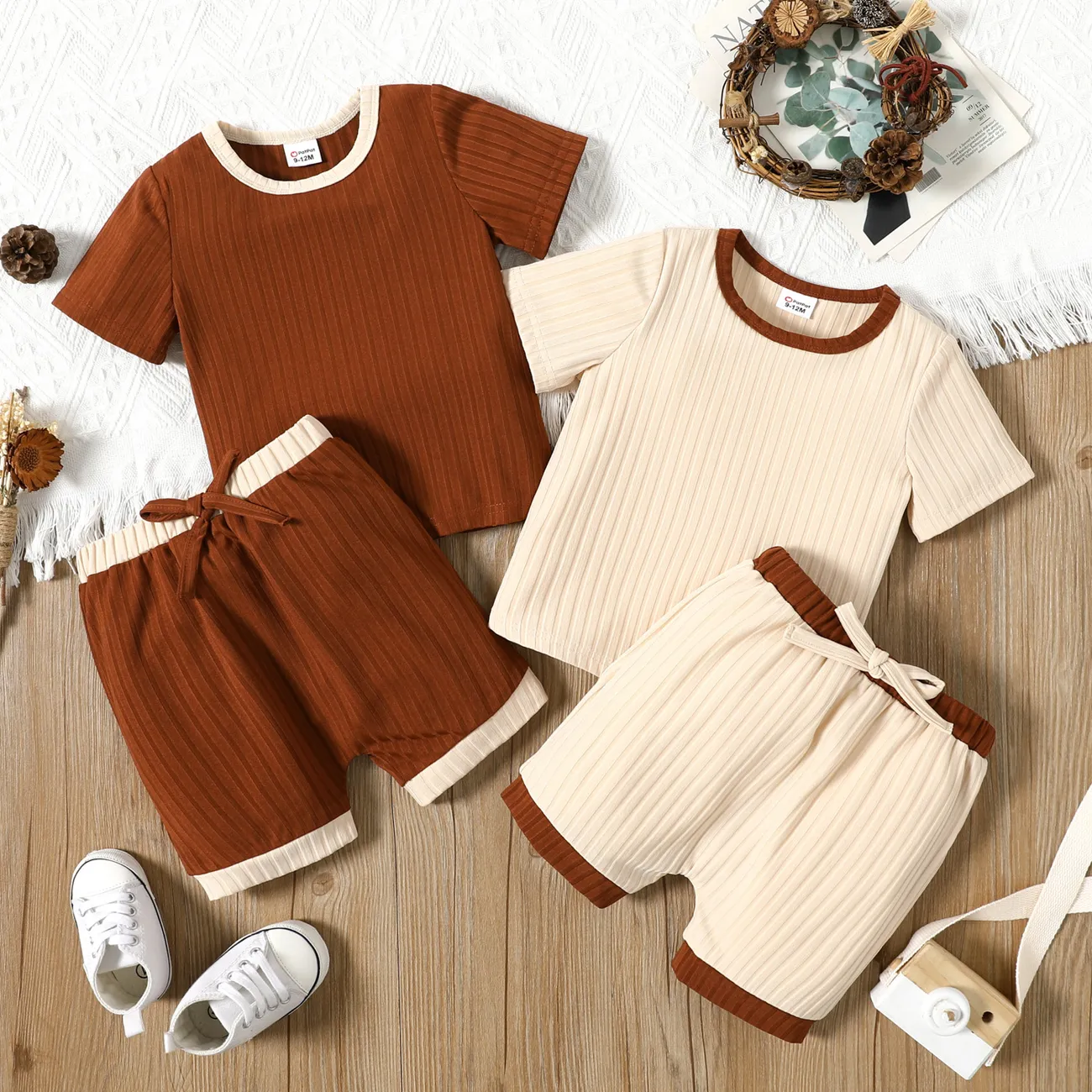 2pcs Baby Boy/Girl Solid Ribbed Short-sleeve Tee and Shorts Set Apricot big image 1