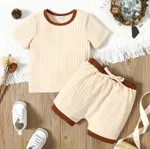 2pcs Baby Boy/Girl Solid Ribbed Short-sleeve Tee and Shorts Set Apricot