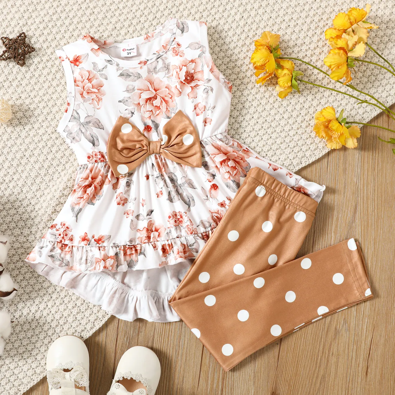 2-piece Toddler Girl Floral Print Bowknot Design Ruffled High Low Sleeveless Tee and Polka dots Pants Set White big image 1