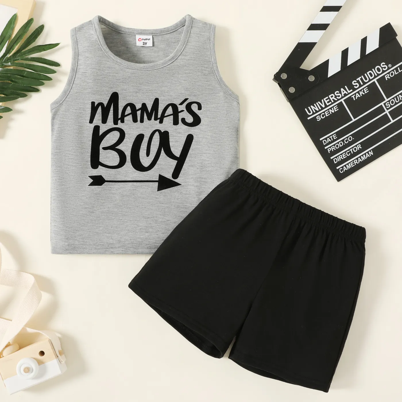 2-piece Toddler Boy Letter Print Tank Top and Elasticized Light Grey