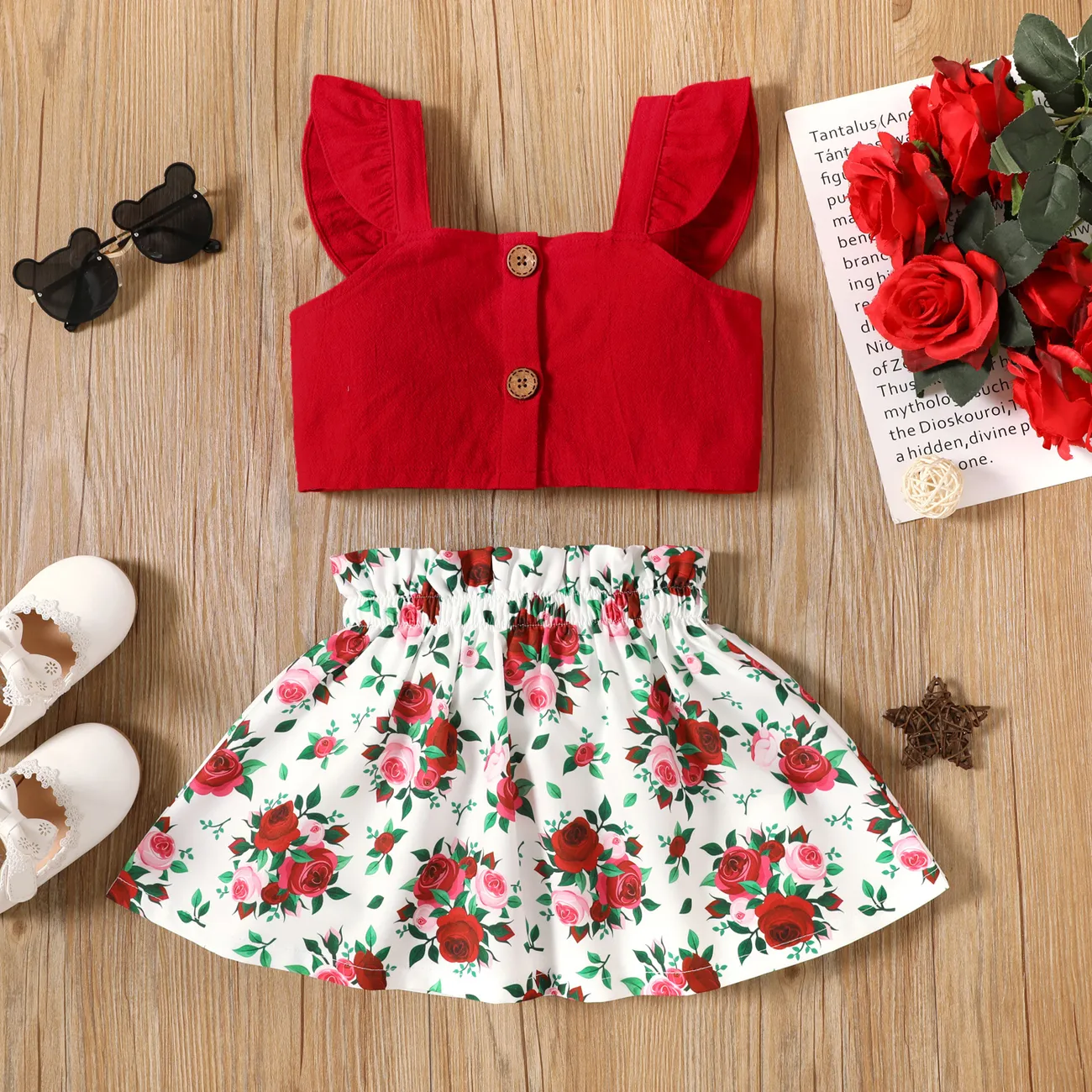 2pcs Toddler Girl Ruffled Camisole and Floral Print Skirt Set Red big image 1