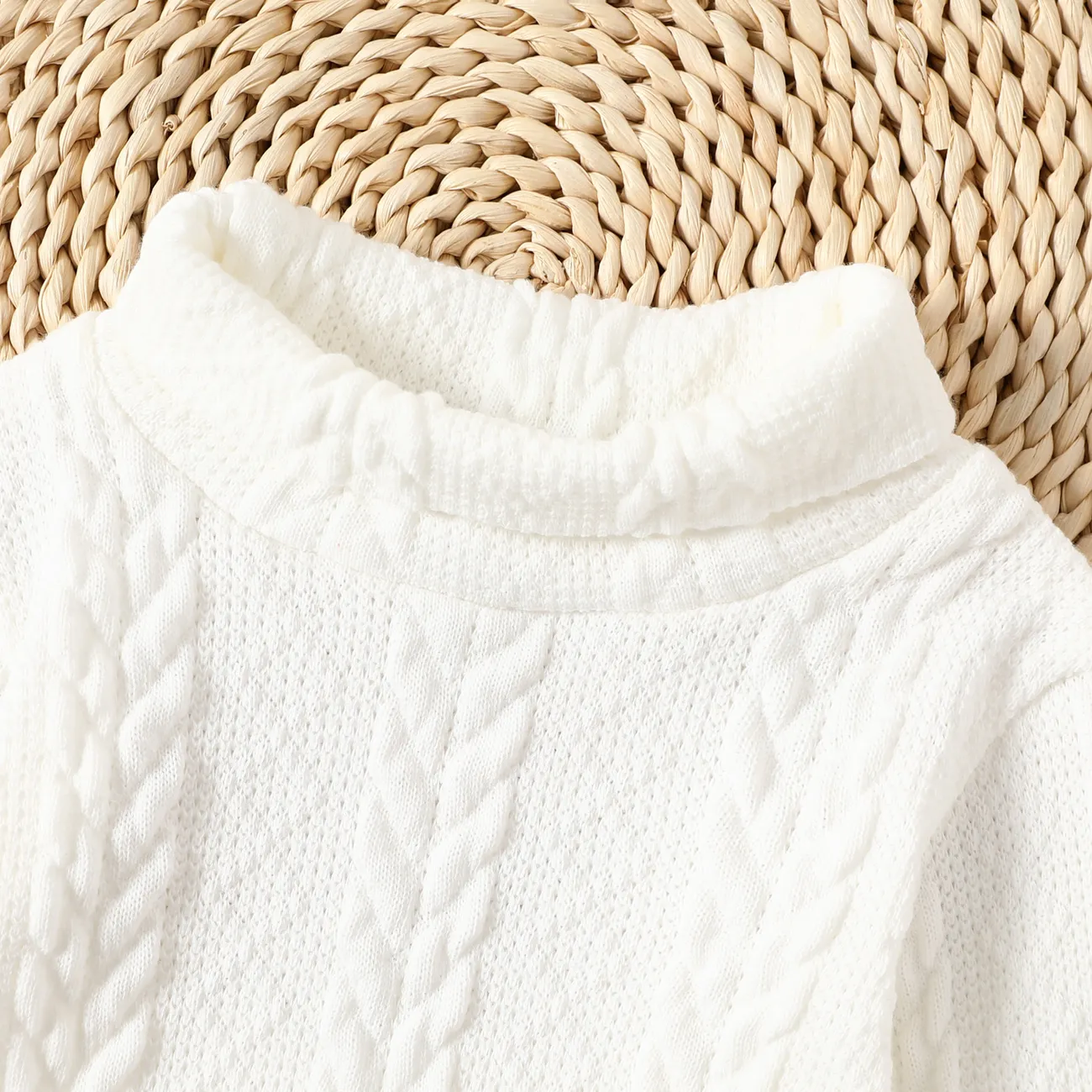 Baby Girl Solid Cable Knit Turtleneck Long-sleeve Dress White big image 1
