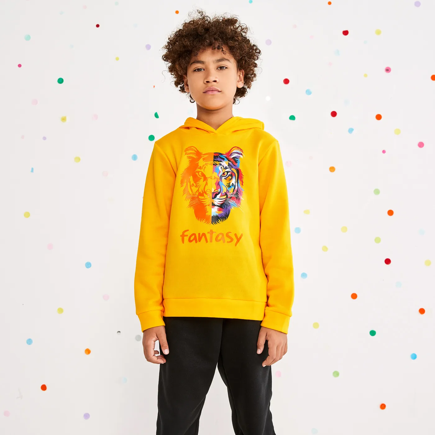 2-piece Kid Boy Letter Animal Print Fleece Lined Hoodie Sweatshirt and Pants Set Yellow image 4