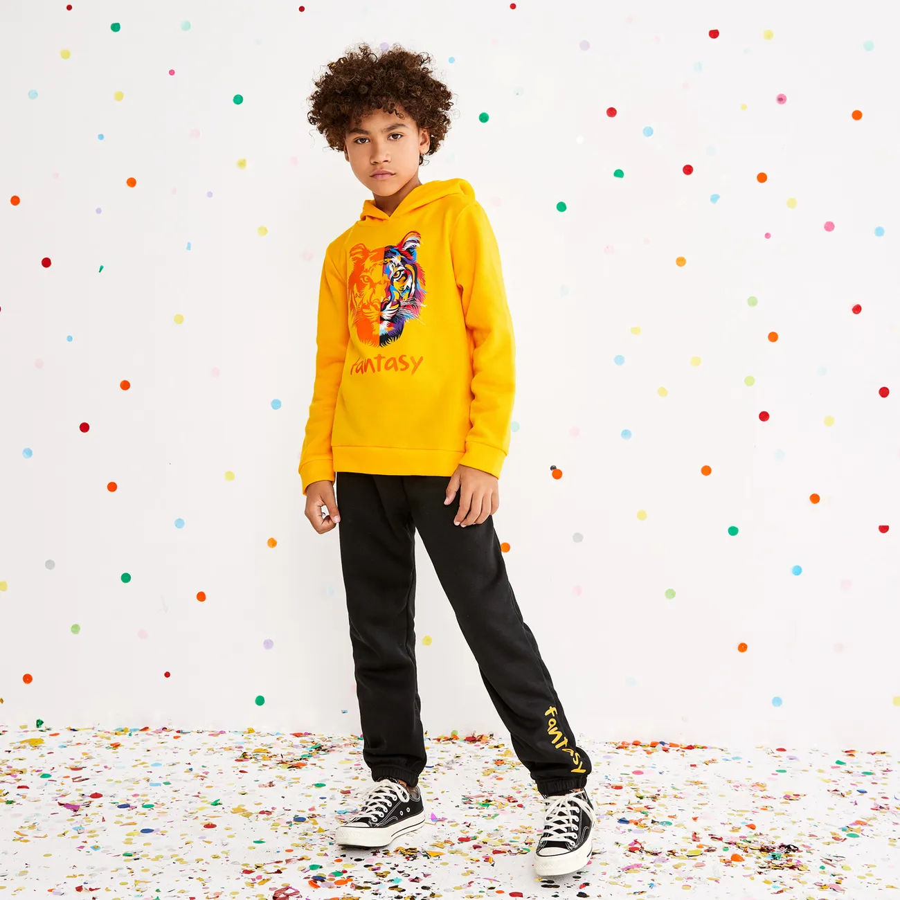 2-piece Kid Boy Letter Animal Print Fleece Lined Hoodie Sweatshirt and Pants Set Yellow big image 1